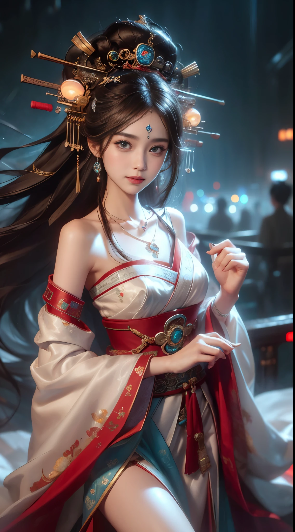 elaborate Hanfu, ((whole body)), ((from below)), ((gufeng,bare shoulders)), clear face, pretty face, 8k, masterpiece, original photo, best quality, detail:1.2,lifelike, detail, Very detailed, CG, Unite, wallpaper, depth of field, movie light, lens flare, Ray tracing, (extremely beautiful face, beautiful lips, beautiful eyes), complex, detail的脸, ((ultra detailed skin)), 1 girl, in the darkness, deep shadow, beautiful korean girl, kpop idol,(Very slim figure:1.3), plump breasts, Slender sexy legs, elegant posture, (bright smile), (City night, (neon lights), (night), beautiful korean girl, white diamond earrings, diameter bracelet, Dia Necklace, clear eyes, facing forward, (big eyes)