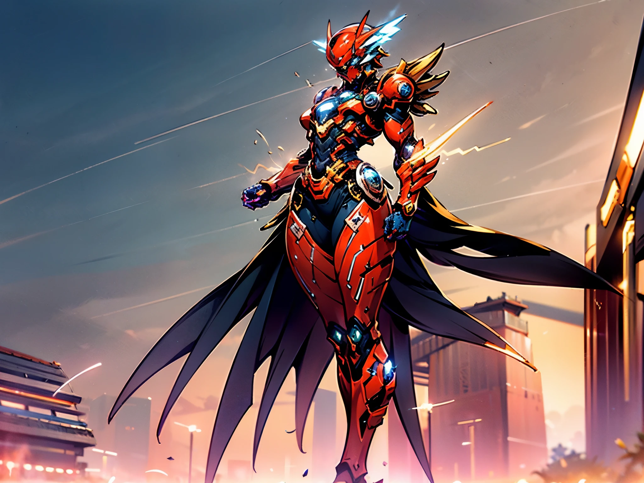 A woman adorned in fantasy-style full-body armor, a crown-concept fully enclosed helmet that unveils only her eyes, a composite layered chest plate, fully encompassing shoulder and hand guards, a lightweight waist armor, form-fitting shin guards, the overall design is heavy-duty yet flexible, ((the armor gleams with a golden glow, complemented by red and blue accents)), exhibiting a noble aura, she floats above a fantasy-surreal high-tech city, this character embodies a finely crafted fantasy-surreal style armored hero in anime style, exquisite and mature manga art style, (Queen bee mixed with Spider concept Armor, plasma, blood), ((Element, energy, elegant, goddess, femminine:1.5)), metallic, high definition, best quality, highres, ultra-detailed, ultra-fine painting, extremely delicate, professional, anatomically correct, symmetrical face, extremely detailed eyes and face, high quality eyes, creativity, RAW photo, UHD, 32k, Natural light, cinematic lighting, masterpiece-anatomy-perfect, masterpiece:1.5