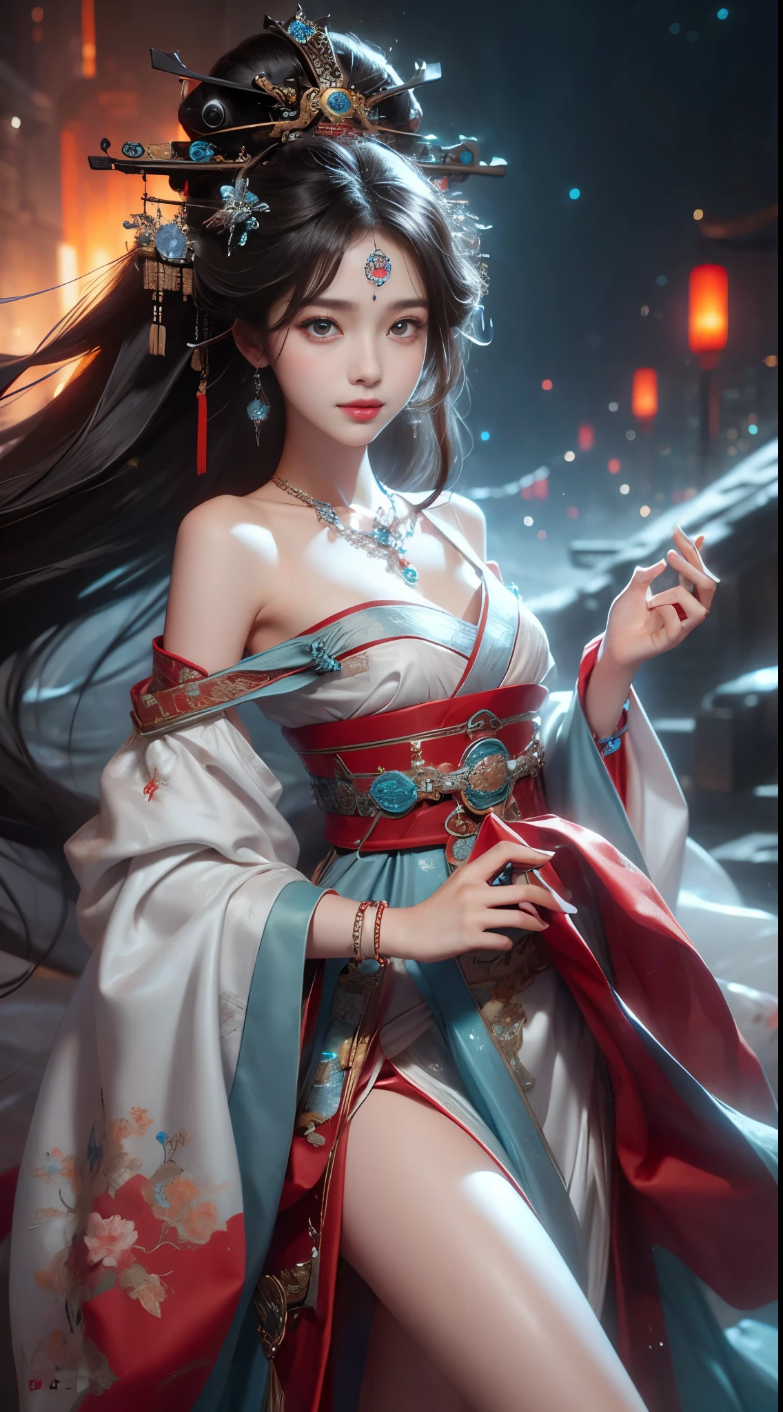 elaborate Hanfu, ((whole body)), ((from below)), ((gufeng,bare shoulders)), clear face, pretty face, 8k, masterpiece, original photo, best quality, detail:1.2,lifelike, detail, Very detailed, CG, Unite, wallpaper, depth of field, movie light, lens flare, Ray tracing, (extremely beautiful face, beautiful lips, beautiful eyes), complex, detail的脸, ((ultra detailed skin)), 1 girl, in the darkness, deep shadow, beautiful korean girl, kpop idol,(Very slim figure:1.3), plump breasts, Slender sexy legs, elegant posture, (bright smile), (City night, (neon lights), (night), beautiful korean girl, white diamond earrings, diameter bracelet, Dia Necklace, clear eyes, facing forward, (big eyes)