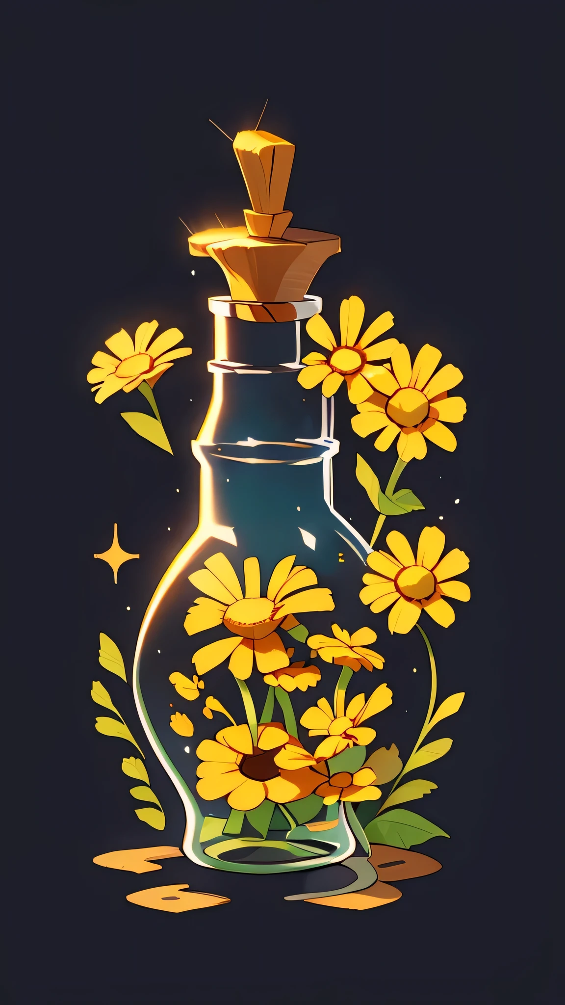 bottle, flowers chamomile in a bottle, spark, black background 