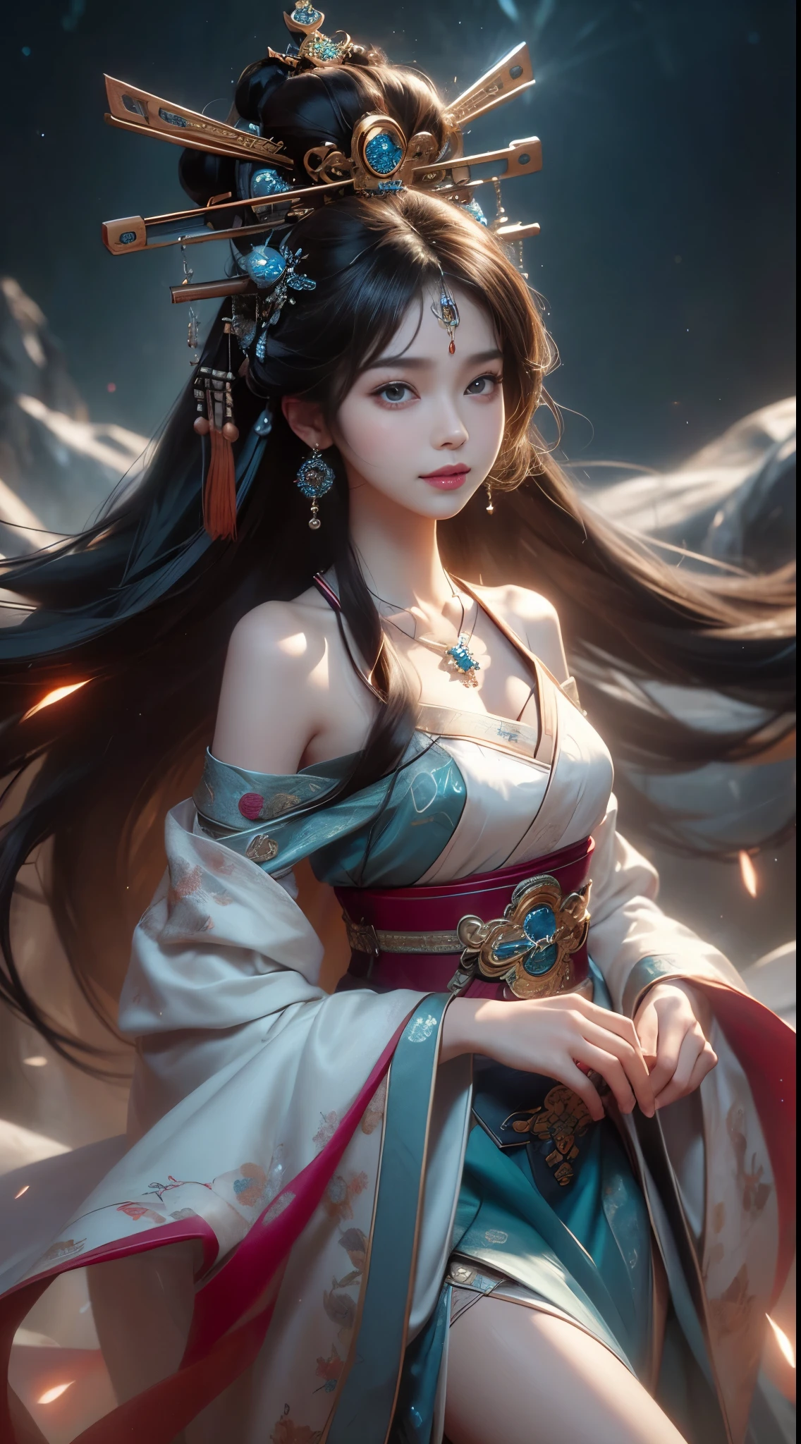 elaborate Hanfu, ((whole body)), ((from below)), ((gufeng,bare shoulders)), clear face, pretty face, 8k, masterpiece, original photo, best quality, detail:1.2,lifelike, detail, Very detailed, CG, Unite, wallpaper, depth of field, movie light, lens flare, Ray tracing, (extremely beautiful face, beautiful lips, beautiful eyes), complex, detail的脸, ((ultra detailed skin)), 1 girl, in the darkness, deep shadow, beautiful korean girl, kpop idol,(Very slim figure:1.3), plump breasts, Slender sexy legs, elegant posture, (bright smile), (City night, (neon lights), (night), beautiful korean girl, white diamond earrings, diameter bracelet, Dia Necklace, clear eyes, facing forward, (big eyes)