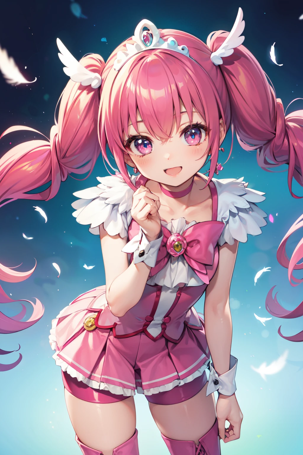 best quality, ultra-detail, masterpiece, anime, 1girl in, solo, cure happy, pink hair, (low twintails under large curled strand of hair), feather hair ornament, skirt. tiara, wrist cuffs, (pink shorts), pink shorts under skirt, boots, happy smile, (glossy fabric), cowboy shot, pink gemstones, standing, blush, (beautiful detailed eyes), extra detailed face, perfect lighting, extremely details CG, (perfect hands, perfect anatomy), shiny material, a pink ribbon, jewelry, latex shine,