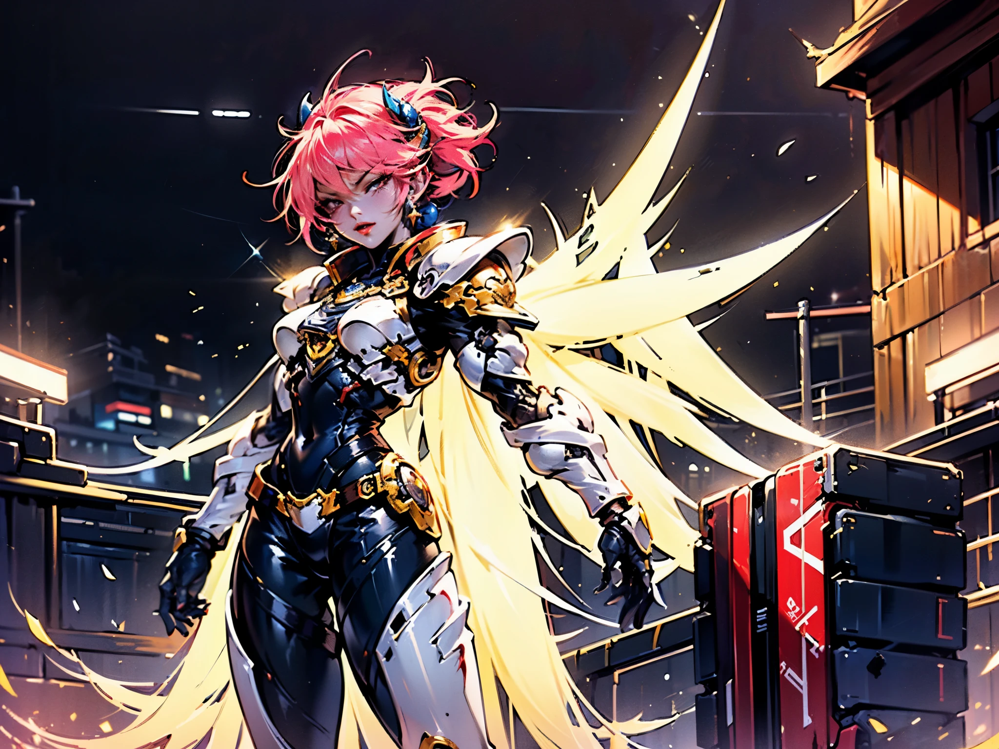 A woman adorned in fantasy-style full-body armor, a crown-concept fully enclosed helmet that unveils only her eyes, a composite layered chest plate, fully encompassing shoulder and hand guards, a lightweight waist armor, form-fitting shin guards, the overall design is heavy-duty yet flexible, ((the armor gleams with a golden glow, complemented by red and blue accents)), exhibiting a noble aura, she floats above a fantasy-surreal high-tech city, this character embodies a finely crafted fantasy-surreal style armored hero in anime style, exquisite and mature manga art style, (Queen bee mixed with Spider concept Armor, plasma, blood), ((Element, energy, elegant, goddess, femminine:1.5)), metallic, high definition, best quality, highres, ultra-detailed, ultra-fine painting, extremely delicate, professional, anatomically correct, symmetrical face, extremely detailed eyes and face, high quality eyes, creativity, RAW photo, UHD, 32k, Natural light, cinematic lighting, masterpiece-anatomy-perfect, masterpiece:1.5