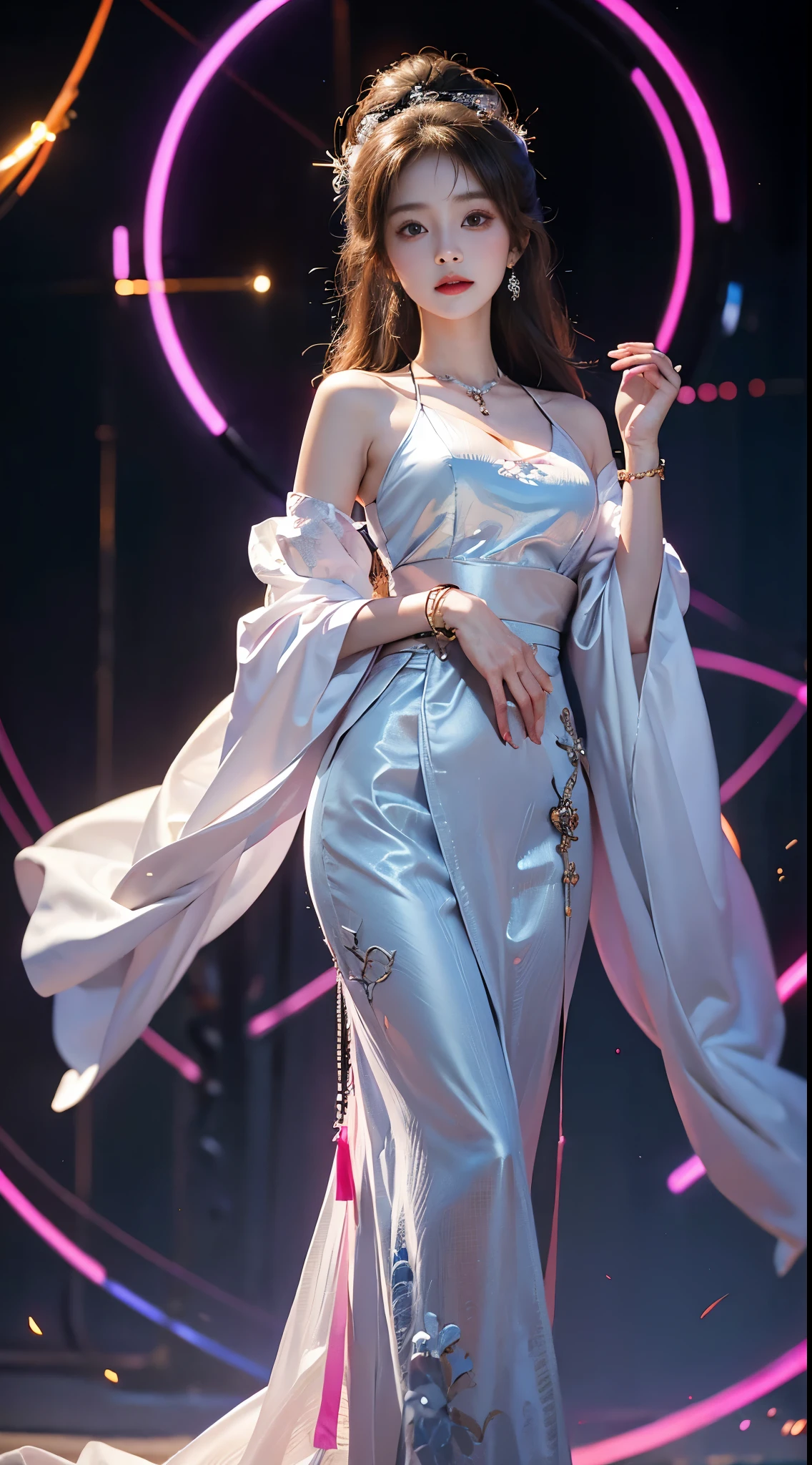 elaborate Hanfu, ((whole body)), ((from below)), ((gufeng,bare shoulders)), clear face, pretty face, 8k, masterpiece, original photo, best quality, detail:1.2,lifelike, detail, Very detailed, CG, Unite, wallpaper, depth of field, movie light, lens flare, Ray tracing, (extremely beautiful face, beautiful lips, beautiful eyes), complex, detail的脸, ((ultra detailed skin)), 1 girl, in the darkness, deep shadow, beautiful korean girl, kpop idol,(Very slim figure:1.3), plump breasts, Slender sexy legs, elegant posture, (bright smile), (City night, (neon lights), (night), beautiful korean girl, white diamond earrings, diameter bracelet, Dia Necklace, clear eyes, facing forward, (big eyes)