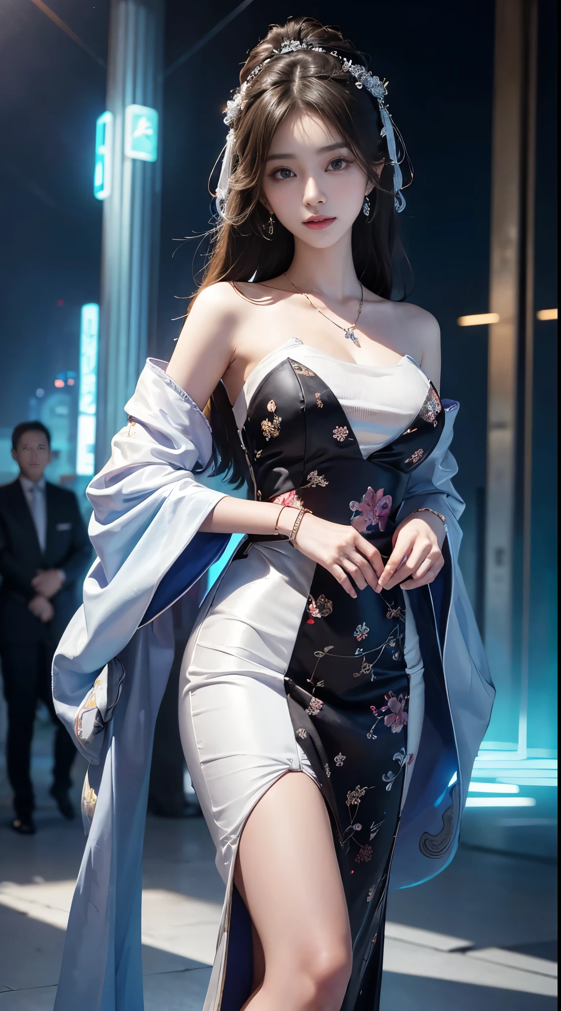 elaborate Hanfu, ((whole body)), ((from below)), ((gufeng,bare shoulders)), clear face, pretty face, 8k, masterpiece, original photo, best quality, detail:1.2,lifelike, detail, Very detailed, CG, Unite, wallpaper, depth of field, movie light, lens flare, Ray tracing, (extremely beautiful face, beautiful lips, beautiful eyes), complex, detail的脸, ((ultra detailed skin)), 1 girl, in the darkness, deep shadow, beautiful korean girl, kpop idol,(Very slim figure:1.3), plump breasts, Slender sexy legs, elegant posture, (bright smile), (City night, (neon lights), (night), beautiful korean girl, white diamond earrings, diameter bracelet, Dia Necklace, clear eyes, facing forward, (big eyes)