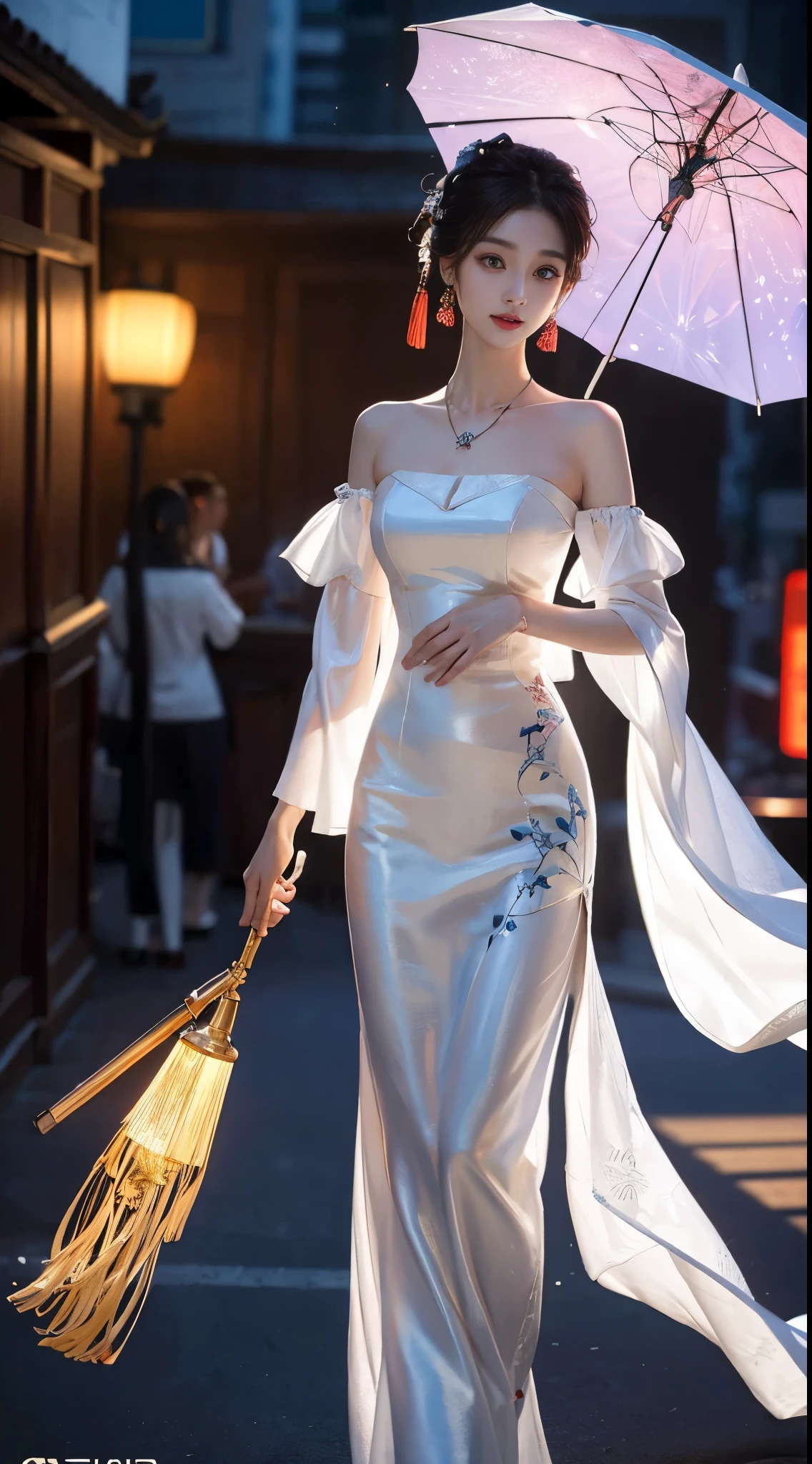 elaborate Hanfu, ((whole body)), ((from below)), ((gufeng,bare shoulders)), clear face, pretty face, 8k, masterpiece, original photo, best quality, detail:1.2,lifelike, detail, Very detailed, CG, Unite, wallpaper, depth of field, movie light, lens flare, Ray tracing, (extremely beautiful face, beautiful lips, beautiful eyes), complex, detail的脸, ((ultra detailed skin)), 1 girl, in the darkness, deep shadow, beautiful korean girl, kpop idol,(Very slim figure:1.3), plump breasts, Slender sexy legs, elegant posture, (bright smile), (City night, (neon lights), (night), beautiful korean girl, white diamond earrings, diameter bracelet, Dia Necklace, clear eyes, facing forward, (big eyes)