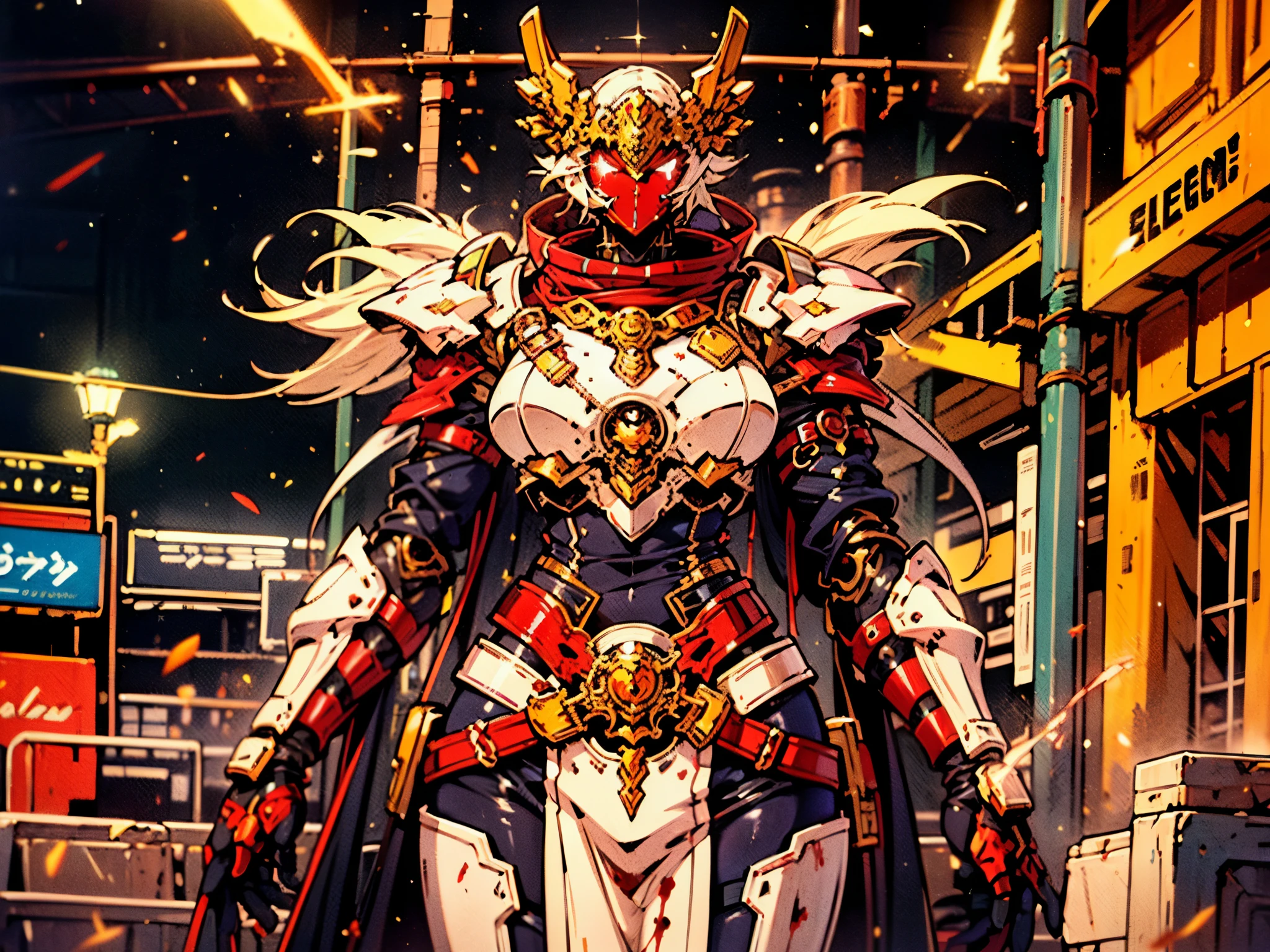 A woman adorned in fantasy-style full-body armor, a crown-concept fully enclosed helmet that unveils only her eyes, a composite layered chest plate, fully encompassing shoulder and hand guards, a lightweight waist armor, form-fitting shin guards, the overall design is heavy-duty yet flexible, ((the armor gleams with a golden glow, complemented by red and blue accents)), exhibiting a noble aura, she floats above a fantasy-surreal high-tech city, this character embodies a finely crafted fantasy-surreal style armored hero in anime style, exquisite and mature manga art style, (Queen bee mixed with Spider concept Armor, plasma, blood), ((Element, energy, elegant, goddess, femminine:1.5)), metallic, high definition, best quality, highres, ultra-detailed, ultra-fine painting, extremely delicate, professional, anatomically correct, symmetrical face, extremely detailed eyes and face, high quality eyes, creativity, RAW photo, UHD, 32k, Natural light, cinematic lighting, masterpiece-anatomy-perfect, masterpiece:1.5