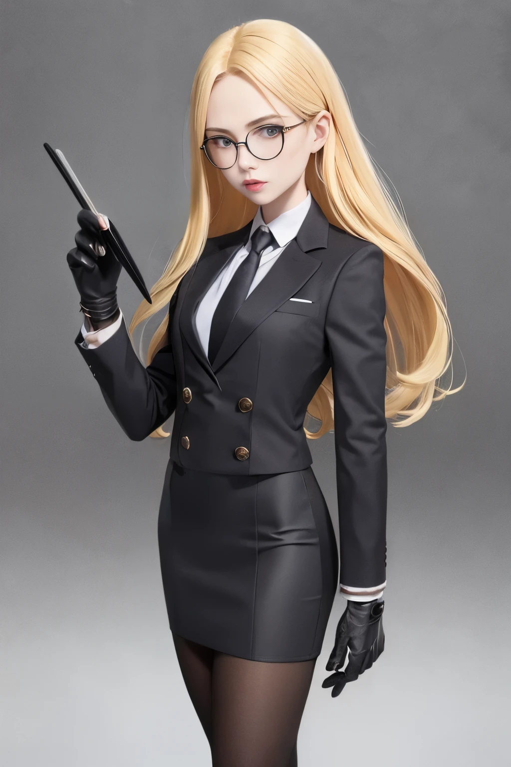 masterpiece, best quality, blonde hair, sfKolin, glasses, black shiny skirt suit, (((three-piece suit))), necktie, blazer, suit jacket, waistcoat, bodycon skirt, snow, grey sky, black gloves, holding clipboard, looking at viewer, high heels