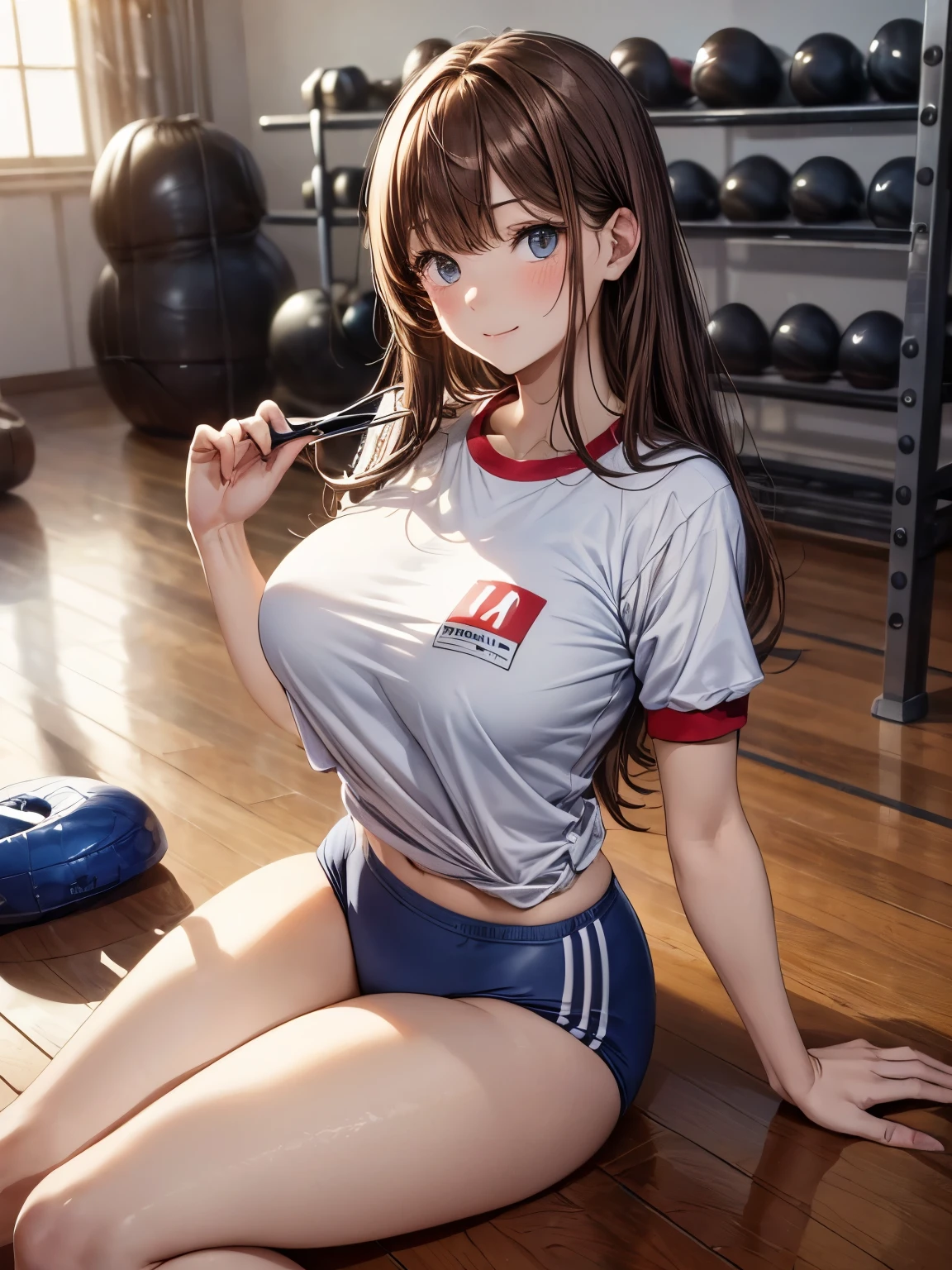 highest quality、complete limbs、Refers to the whole、1 beautiful woman、beautiful big breasted woman:1.3、((brown haired woman:1.3))、long hair woman、straight hair、(((white gym uniform)))、((dark blue high leg spats:1.3))、bloomers、big smile、sexy pose、(((sports warehouse)))、sit on the mat