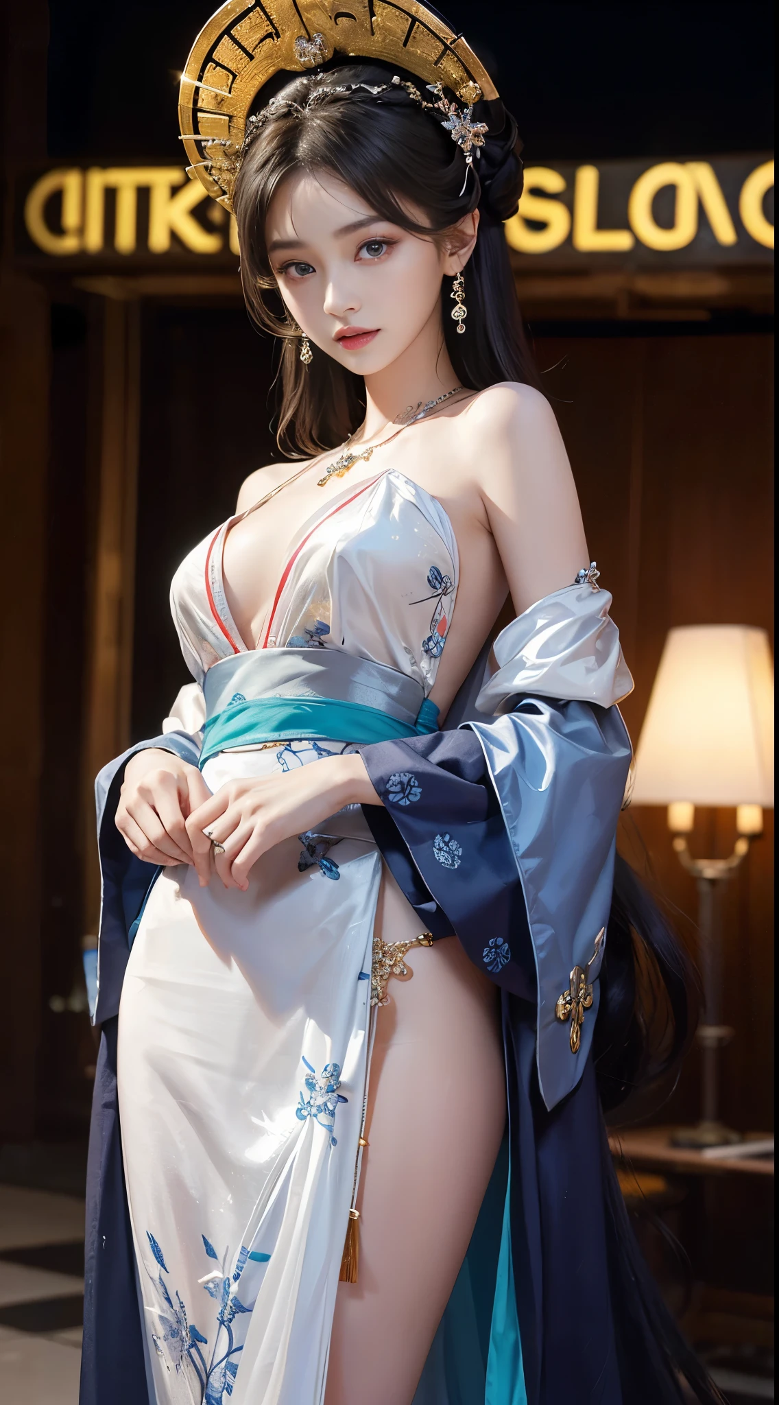 elaborate Hanfu, ((whole body)), ((from below)), ((gufeng,bare shoulders)), clear face, pretty face, 8k, masterpiece, original photo, best quality, detail:1.2,lifelike, detail, Very detailed, CG, Unite, wallpaper, depth of field, movie light, lens flare, Ray tracing, (extremely beautiful face, beautiful lips, beautiful eyes), complex, detail的脸, ((ultra detailed skin)), 1 girl, in the darkness, deep shadow, beautiful korean girl, kpop idol,(Very slim figure:1.3), plump breasts, Slender sexy legs, elegant posture, (bright smile), (City night, (neon lights), (night), beautiful korean girl, white diamond earrings, diameter bracelet, Dia Necklace, clear eyes, facing forward, (big eyes)