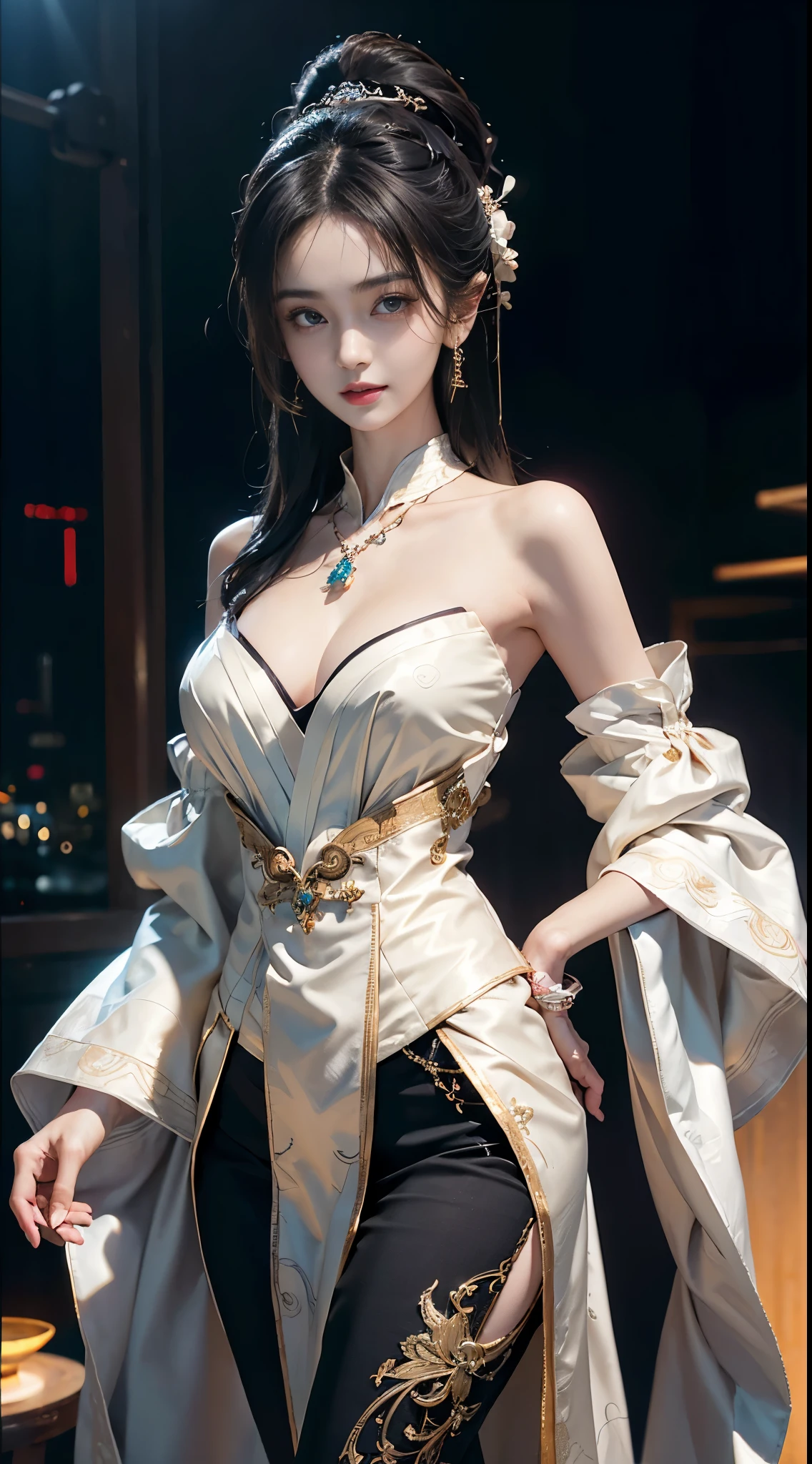 elaborate Hanfu, ((whole body)), ((from below)), ((gufeng,bare shoulders)), clear face, pretty face, 8k, masterpiece, original photo, best quality, detail:1.2,lifelike, detail, Very detailed, CG, Unite, wallpaper, depth of field, movie light, lens flare, Ray tracing, (extremely beautiful face, beautiful lips, beautiful eyes), complex, detail的脸, ((ultra detailed skin)), 1 girl, in the darkness, deep shadow, beautiful korean girl, kpop idol,(Very slim figure:1.3), plump breasts, Slender sexy legs, elegant posture, (bright smile), (City night, (neon lights), (night), beautiful korean girl, white diamond earrings, diameter bracelet, Dia Necklace, clear eyes, facing forward, (big eyes)