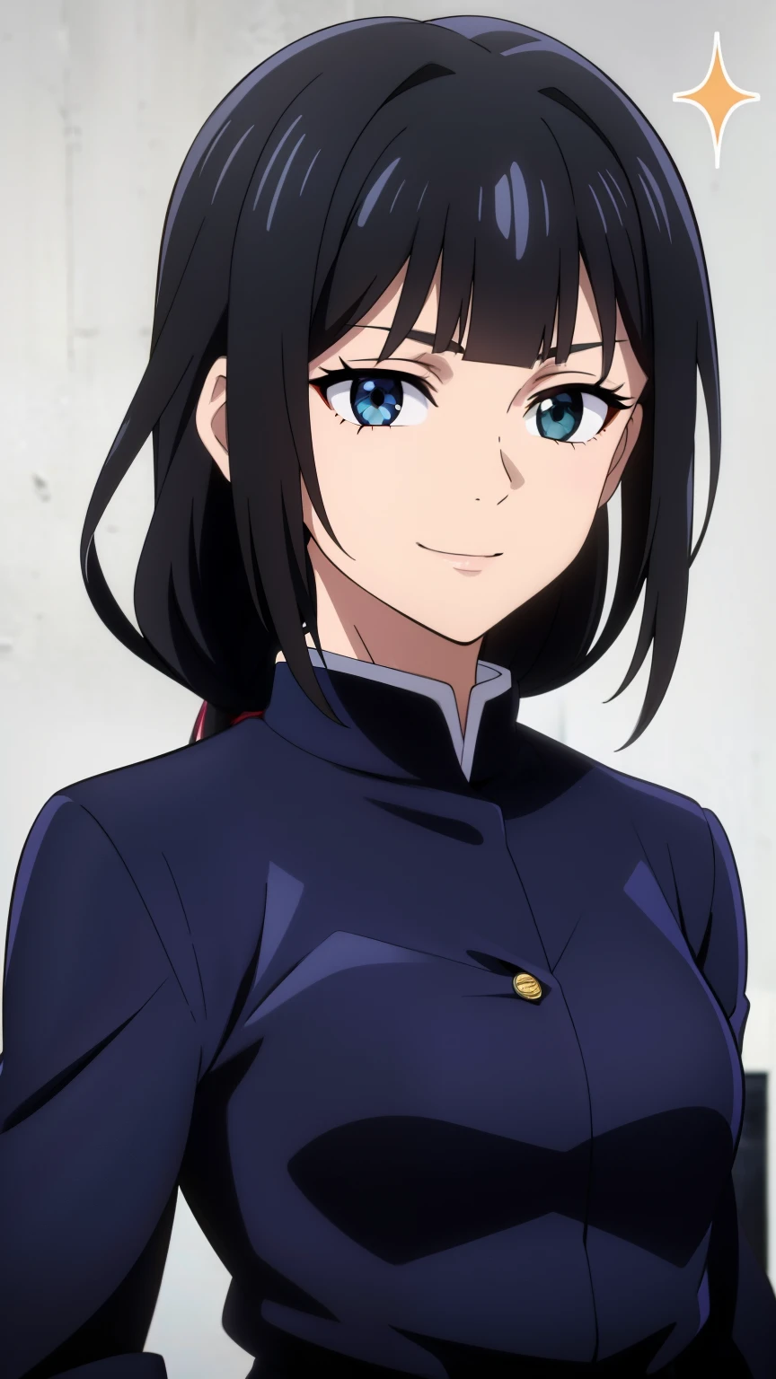 (high-quality, breathtaking),(expressive eyes, perfect face) 1girl, female, solo, teenager, black hair, bright meadow green eye color, medium hair length, looking at viewer, bright smile, kind face, cheerful expression, slightly tanned skin, dark black blue long sleeved shirt, collared shirt, dark black blue pants, jujutsu kaisen uniform, jujutsu high school uniform, flowy hair, feminine face, wavy curly hair, grey background, portrait, small sunflower, stylized hairstyle, Sparkle inspired
