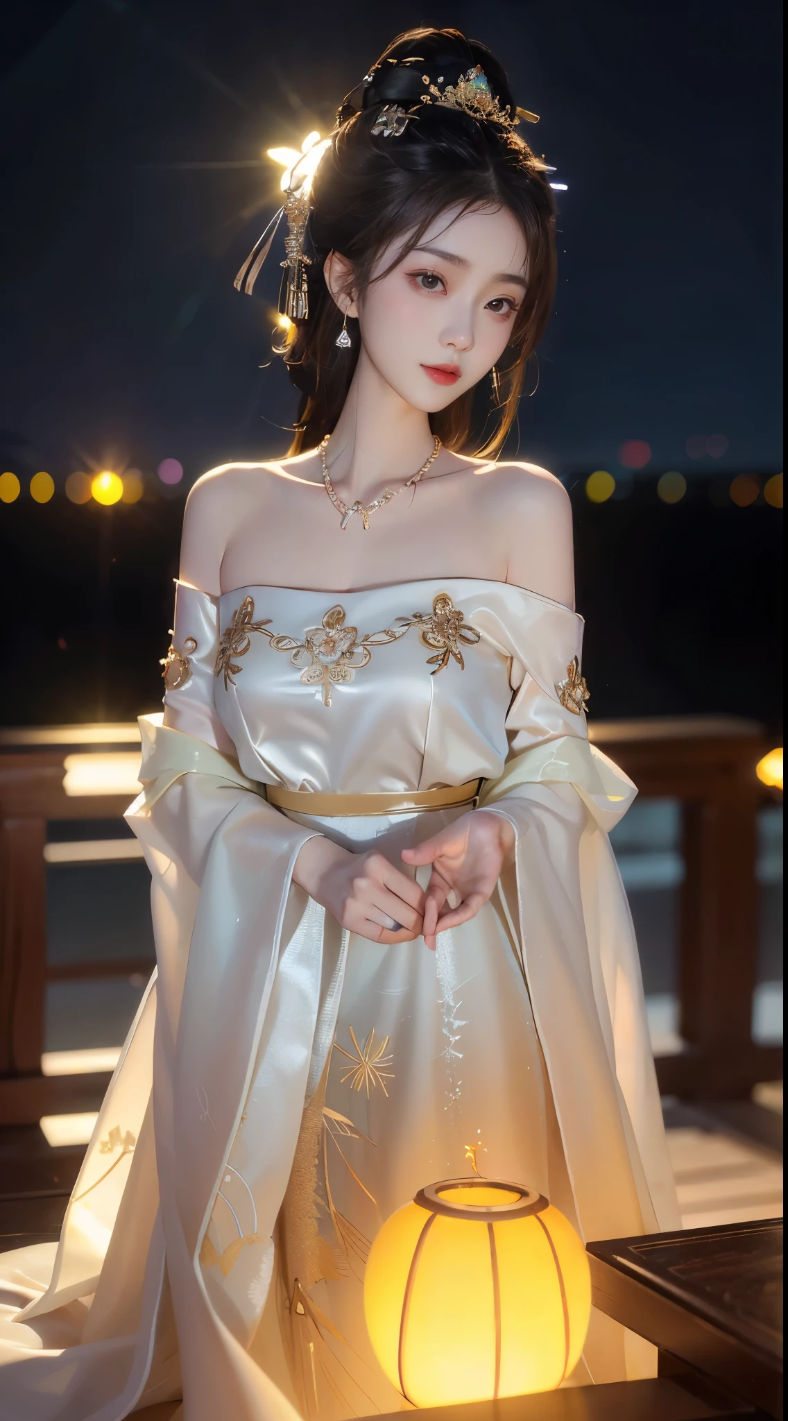 elaborate Hanfu, ((whole body)), ((from below)), ((gufeng,bare shoulders)), clear face, pretty face, 8k, masterpiece, original photo, best quality, detail:1.2,lifelike, detail, Very detailed, CG, Unite, wallpaper, depth of field, movie light, lens flare, Ray tracing, (extremely beautiful face, beautiful lips, beautiful eyes), complex, detail的脸, ((ultra detailed skin)), 1 girl, in the darkness, deep shadow, beautiful korean girl, kpop idol,(Very slim figure:1.3), plump breasts, Slender sexy legs, elegant posture, (bright smile), (City night, (neon lights), (night), beautiful korean girl, white diamond earrings, diameter bracelet, Dia Necklace, clear eyes, facing forward, (big eyes)