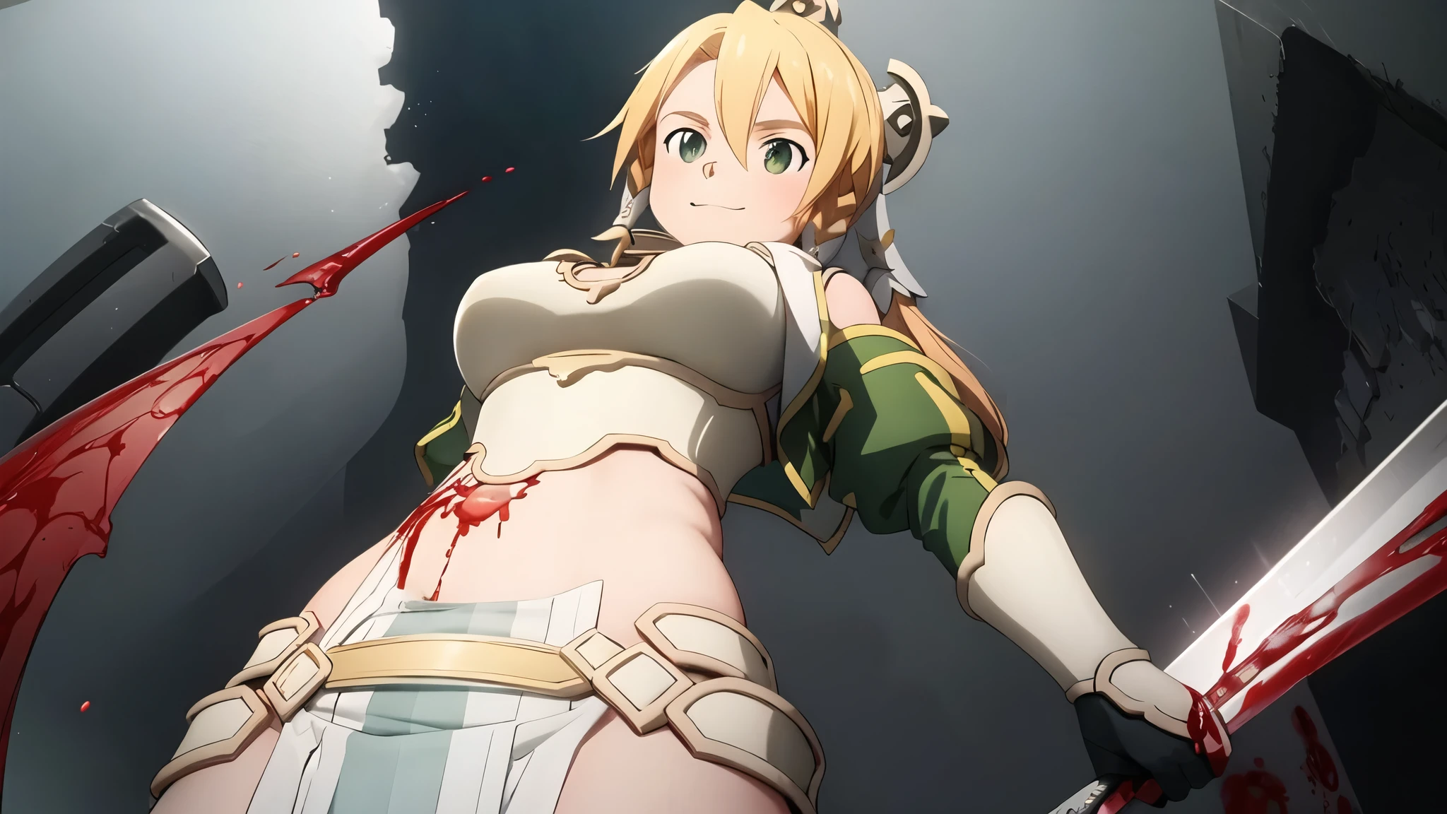 girl 1, belly button, big breasts, femdom, Blood in the belly button, Blood in the stomach, Blood on the breasts, tall, belly buttonに血 ,Blood in the stomach, gun, knife, sword, war, underwear, kill, Behead, shot from below, sensual, Blood on the breasts, smile