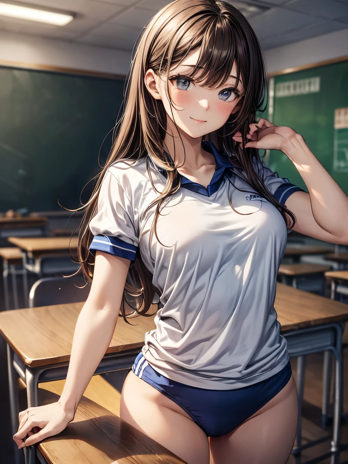 highest quality、complete limbs、Refers to the whole、1 beautiful woman、beautiful big breasted woman:1.3、((brown haired woman:1.3))、long hair woman、straight hair、(((white gym uniform)))、((dark blue high leg spats:1.3))、bloomers、big smile、sexy pose、(((school classroom)))、hands on hips