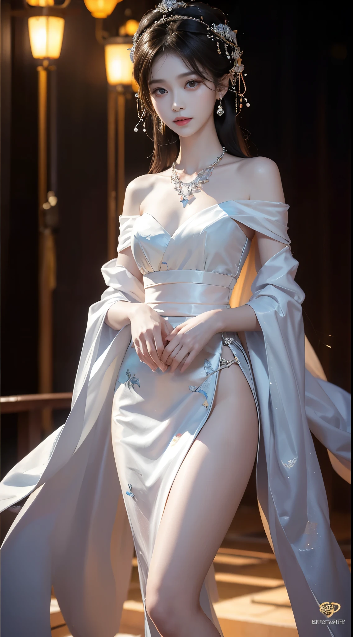 Music goddess, real person, super picture quality, 8k, dignified and elegant, perfect figure, exquisite makeup, delicate skin, charm and dignity, elegant long dress, wonderful performance on the music stage, Chinese women, delicate and smooth skin, white skin Beautiful, long legs, hourglass waist, black pantyhose, short blond hair,