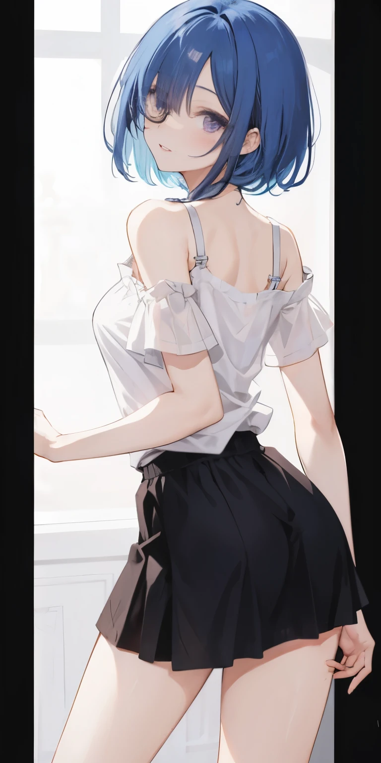 1 girl, hair above one eye, parted lips, blush, compensate, light smile,blue hair、T-shirt, skirt, shine, thighs, purple eyes, bare shoulders, clavicle, tight waist,, underwear, The background is monochrome short hair,glasses、sexy