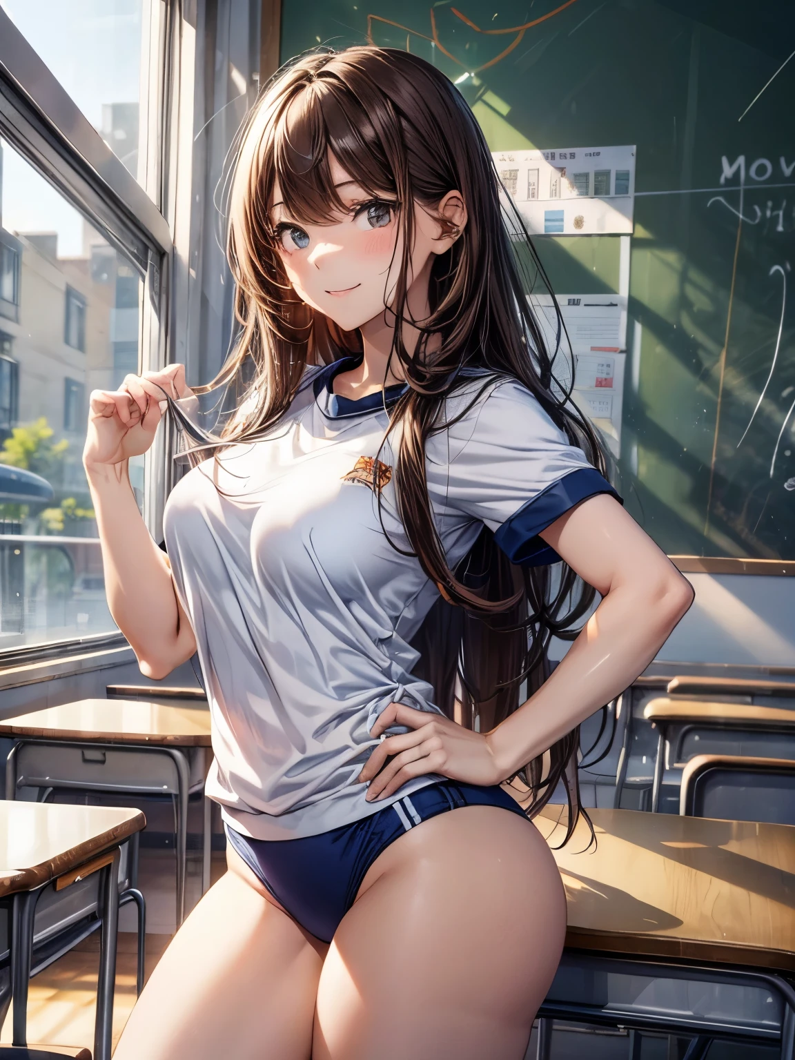highest quality、complete limbs、Refers to the whole、1 beautiful woman、beautiful big breasted woman:1.3、((brown haired woman:1.3))、long hair woman、straight hair、(((white gym uniform)))、((dark blue high leg spats:1.3))、bloomers、big smile、sexy pose、(((school classroom)))、hands on hips