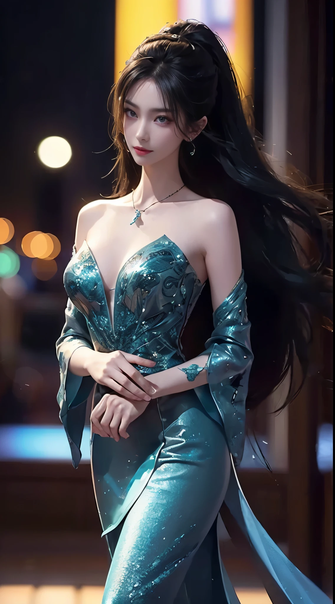 ((whole body)), ((from below)), ((gufeng,bare shoulders)), clear face, pretty face, 8k, masterpiece, original photo, best quality, detail:1.2,lifelike, detail, Very detailed, CG, Unite, wallpaper, depth of field, movie light, lens flare, Ray tracing, (extremely beautiful face, beautiful lips, beautiful eyes), complex, detail的脸, ((ultra detailed skin)), 1 girl, in the darkness, deep shadow, beautiful korean girl, kpop idol,(Very slim figure:1.3), plump breasts, Slender sexy legs, elegant posture, (bright smile), (City night, (neon lights), (night), beautiful korean girl, white diamond earrings, diameter bracelet, Dia Necklace, clear eyes, facing forward, (big eyes)