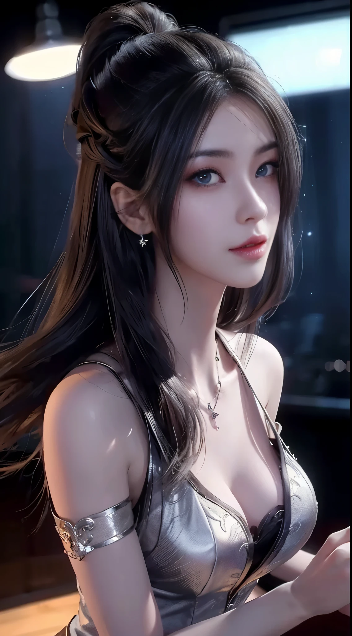 ((whole body)), ((from below)), ((gufeng,bare shoulders)), clear face, pretty face, 8k, masterpiece, original photo, best quality, detail:1.2,lifelike, detail, Very detailed, CG, Unite, wallpaper, depth of field, movie light, lens flare, Ray tracing, (extremely beautiful face, beautiful lips, beautiful eyes), complex, detail的脸, ((ultra detailed skin)), 1 girl, in the darkness, deep shadow, beautiful korean girl, kpop idol,(Very slim figure:1.3), plump breasts, Slender sexy legs, elegant posture, (bright smile), (City night, (neon lights), (night), beautiful korean girl, white diamond earrings, diameter bracelet, Dia Necklace, clear eyes, facing forward, (big eyes)