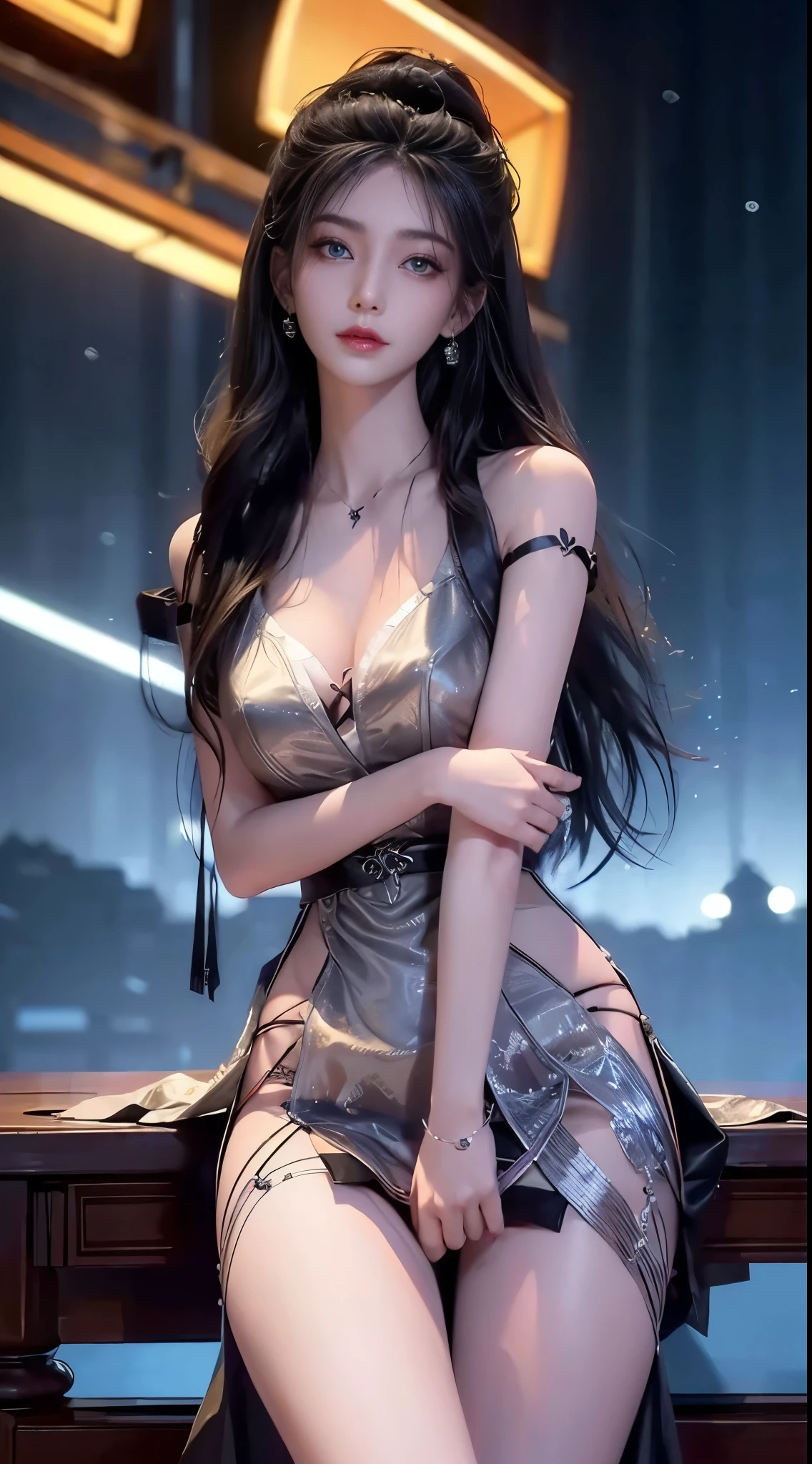 ((whole body)), ((from below)), ((gufeng,bare shoulders)), clear face, pretty face, 8k, masterpiece, original photo, best quality, detail:1.2,lifelike, detail, Very detailed, CG, Unite, wallpaper, depth of field, movie light, lens flare, Ray tracing, (extremely beautiful face, beautiful lips, beautiful eyes), complex, detail的脸, ((ultra detailed skin)), 1 girl, in the darkness, deep shadow, beautiful korean girl, kpop idol,(Very slim figure:1.3), plump breasts, Slender sexy legs, elegant posture, (bright smile), (City night, (neon lights), (night), beautiful korean girl, white diamond earrings, diameter bracelet, Dia Necklace, clear eyes, facing forward, (big eyes)