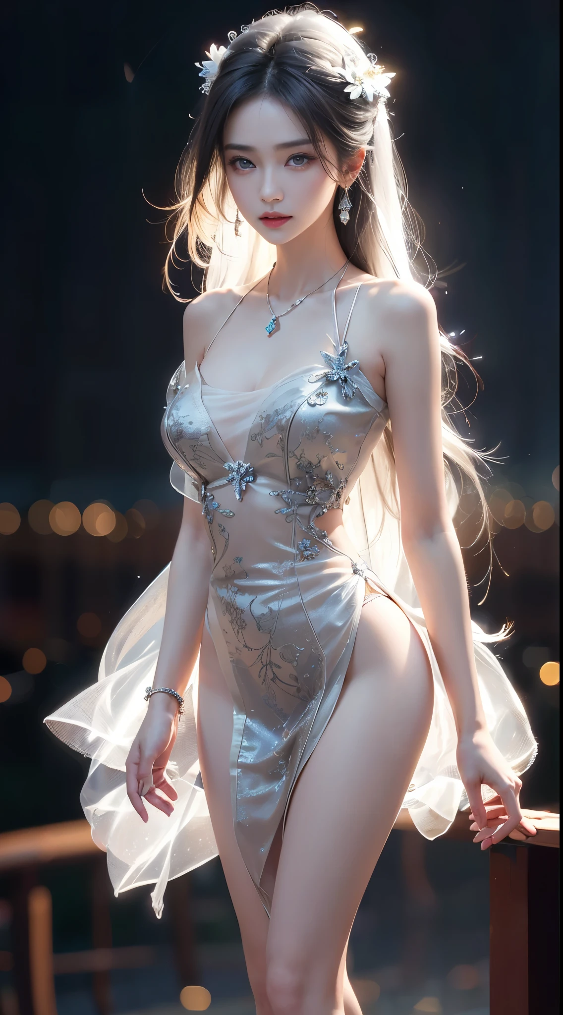 ((whole body)), ((from below)), ((gufeng,bare shoulders)), clear face, pretty face, 8k, masterpiece, original photo, best quality, detail:1.2,lifelike, detail, Very detailed, CG, Unite, wallpaper, depth of field, movie light, lens flare, Ray tracing, (extremely beautiful face, beautiful lips, beautiful eyes), complex, detail的脸, ((ultra detailed skin)), 1 girl, in the darkness, deep shadow, beautiful korean girl, kpop idol,(Very slim figure:1.3), plump breasts, Slender sexy legs, elegant posture, (bright smile), (City night, (neon lights), (night), beautiful korean girl, white diamond earrings, diameter bracelet, Dia Necklace, clear eyes, facing forward, (big eyes)