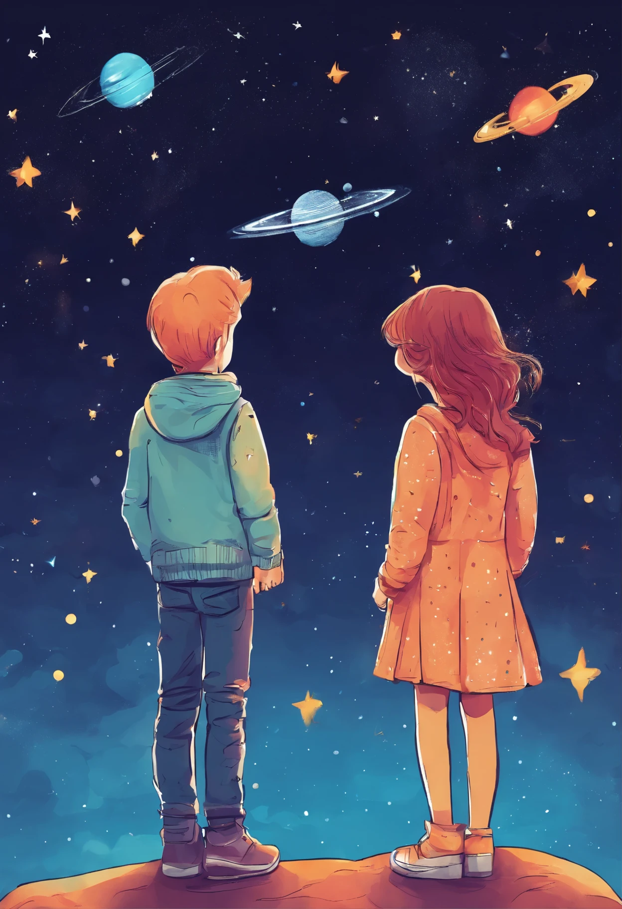 A fun picture of a  boy and girl looking up at the night sky with stars and a shooting star