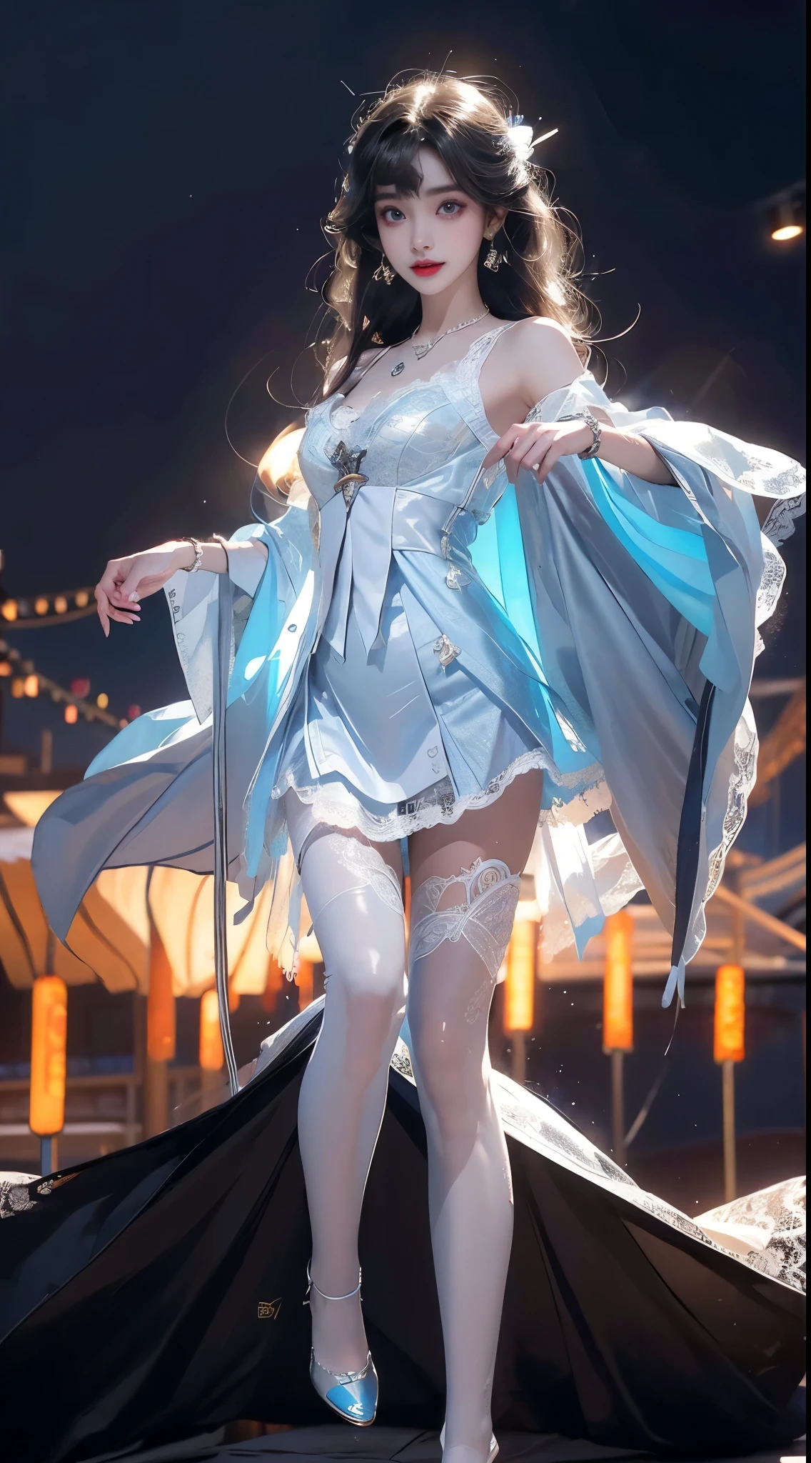 ((knee shot)), 8k, masterpiece, original photo, best quality, detail:1.2),lifelike, Extremely detailed CG unified 8k wallpapers, depth of field, movie light, lens flare, Ray tracing,
(extremely beautiful face, beautiful lips, beautiful eyes), intricate detail face, ((ultra detailed skin)) 1 girl, in the darkness, deep shadow,
beautiful korean girl, kpop idol,(Very slim figure:1.3), (bright smile), (City night, (neon lights), (night), beautiful korean girl, white diamond earrings, diameter bracelet, Dia Necklace, pantyhose, clear eyes, Walk , frontal shot, facing forward, (big eyes), ((lace))