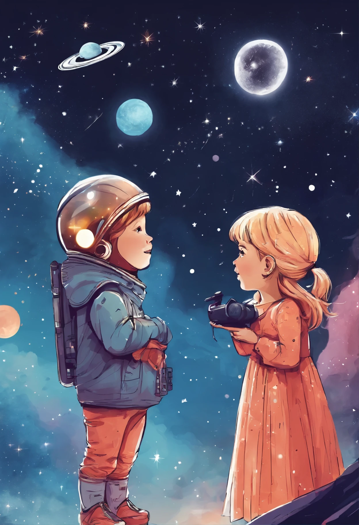 A fun picture of a and girl looking up at the night sky with stars and a shooting star