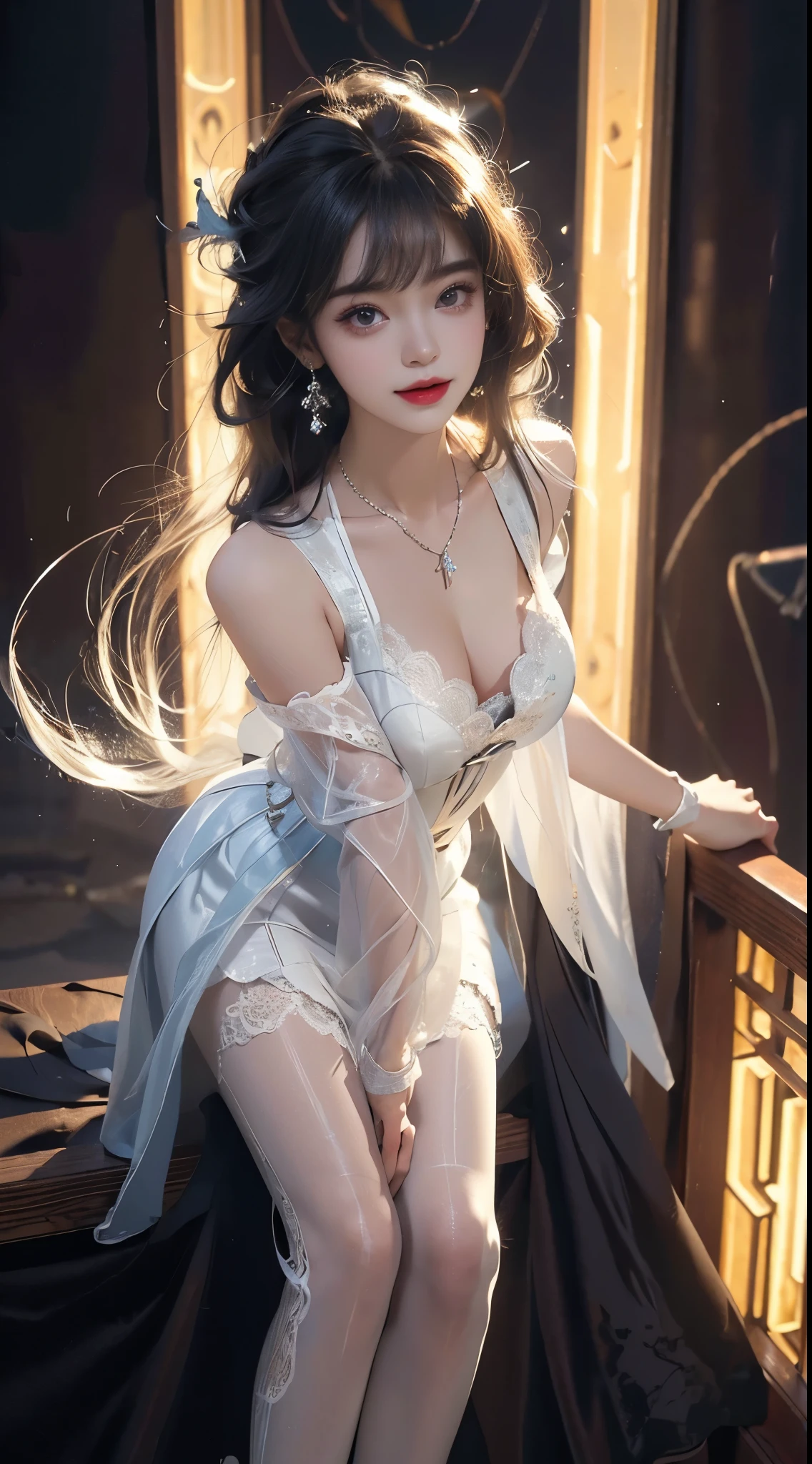 ((knee shot)), 8k, masterpiece, original photo, best quality, detail:1.2),lifelike, Extremely detailed CG unified 8k wallpapers, depth of field, movie light, lens flare, Ray tracing,
(extremely beautiful face, beautiful lips, beautiful eyes), intricate detail face, ((ultra detailed skin)) 1 girl, in the darkness, deep shadow,
beautiful korean girl, kpop idol,(Very slim figure:1.3), (bright smile), (City night, (neon lights), (night), beautiful korean girl, white diamond earrings, diameter bracelet, Dia Necklace, pantyhose, clear eyes, Walk , frontal shot, facing forward, (big eyes), ((lace))