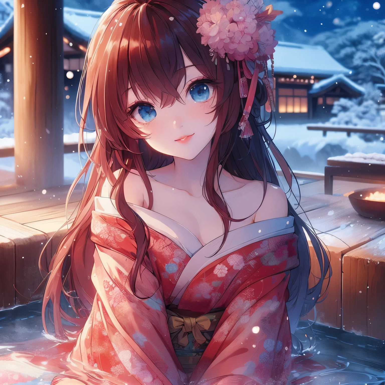Anime girl wearing kimono sitting in hot tub, anime style 4k, Beautiful anime girl, cute anime girl, Beautiful anime, beautiful anime girl, Beautiful anime woman, 4k anime wallpaper, anime wallpaper 4k, anime wallpaper 4k, seductive anime girl, Beautiful anime portrait, Cute anime waifu wearing beautiful clothes, 4k comic wallpaper