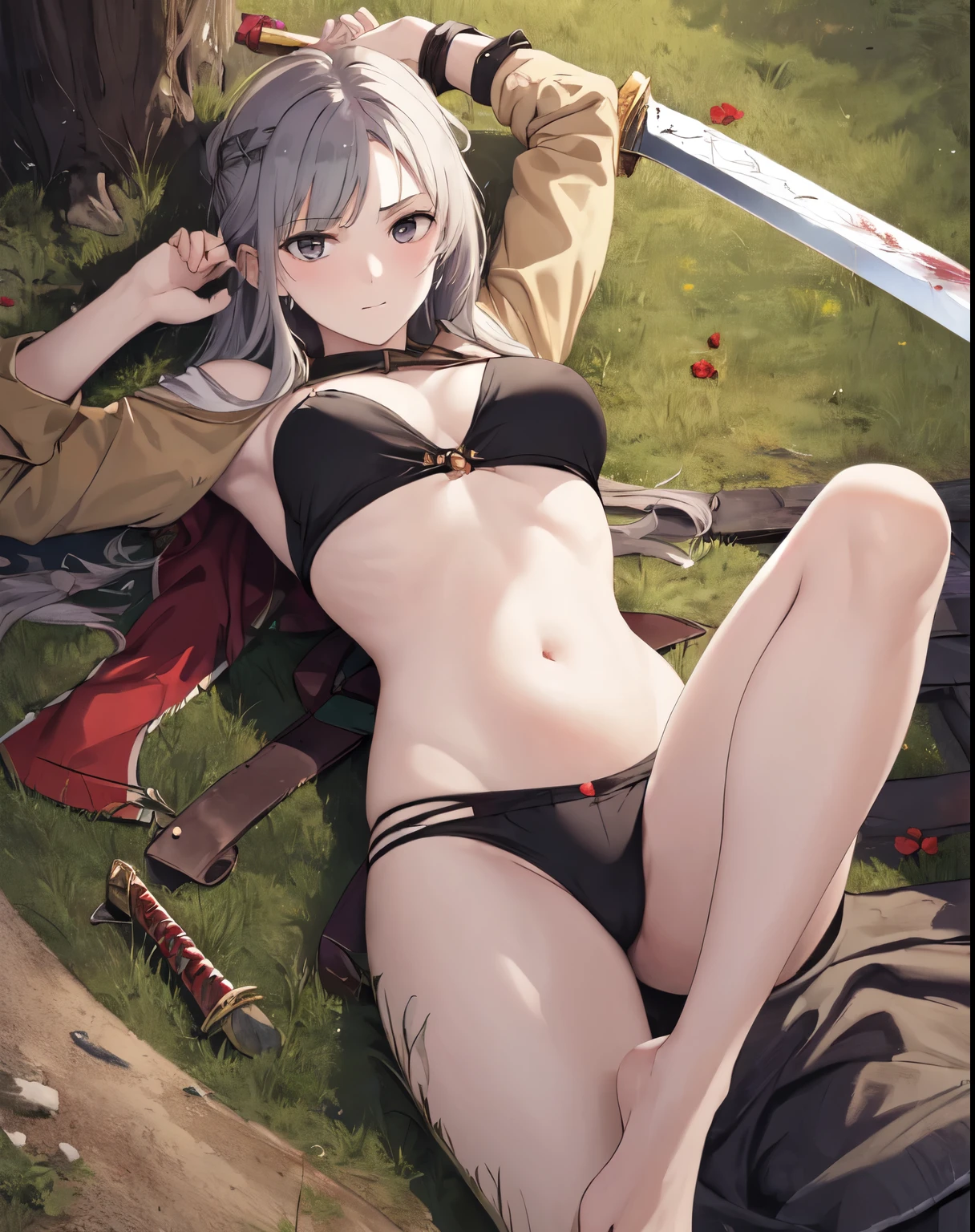 (((masterpiece))),  1 girl, belly button, medium breasts, tall, Blood in the stomach , sword, 深いbelly button，war，kill，kill a man，hold a man&#39;s head，crush a man with your foot