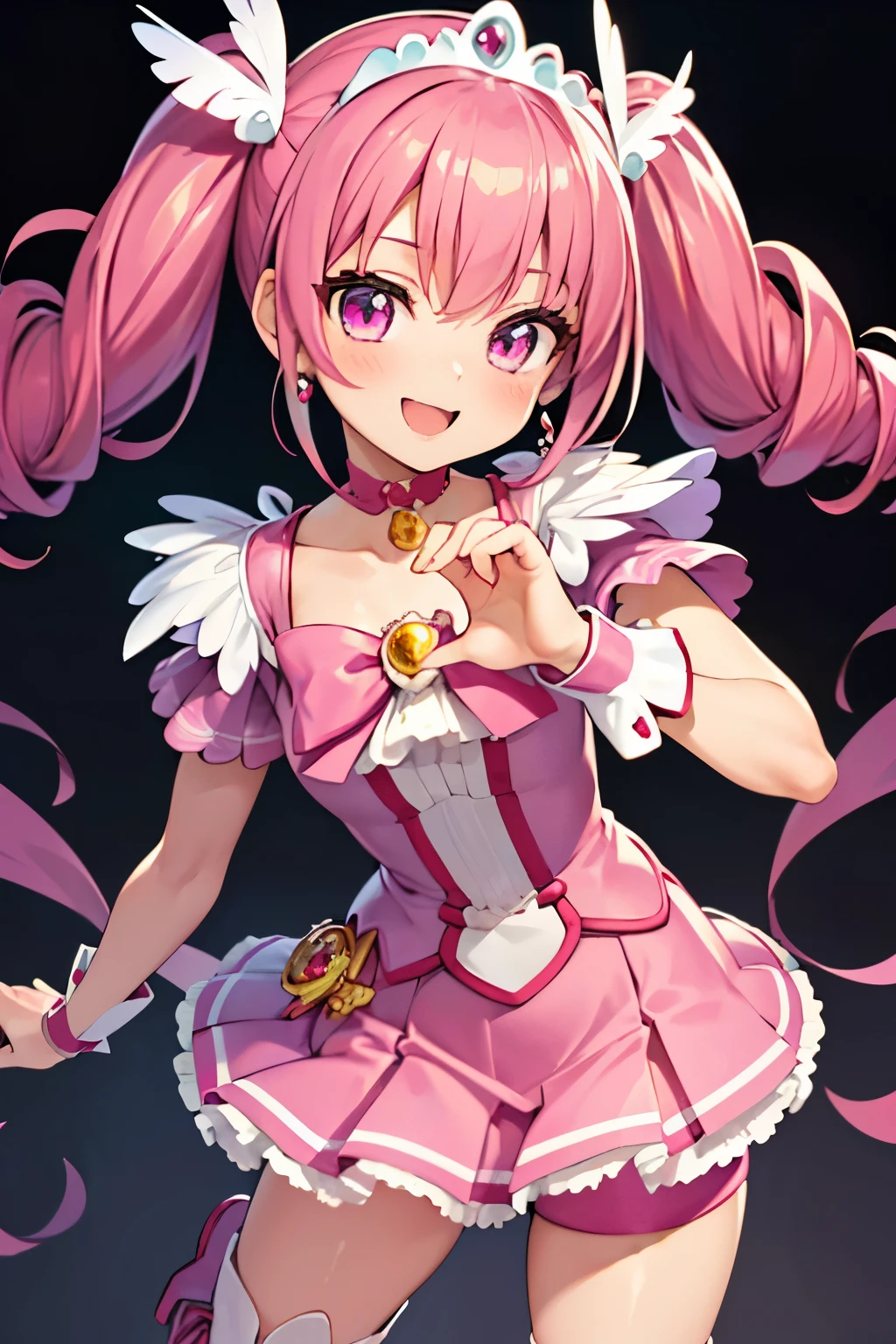 (masterpiece), best quality, high resolution, extremely detailed, detailed background, cinematic lighting, ultra-detail, anime, 1girl in, solo, cure happy, pink hair, (low twintails under large curled strand hair), feather hair ornament, skirt. tiara, wrist cuffs, (pink shorts), pink shorts under skirt, boots, happy smile, (glossy fabric), cowboy shot, pink gemstones, standing, blush, (beautiful detailed eyes), extra detailed face, perfect lighting, extremely details CG, (perfect hands, perfect anatomy), shiny material, a pink ribbon, jewelry, latex shine, dynamic pose.