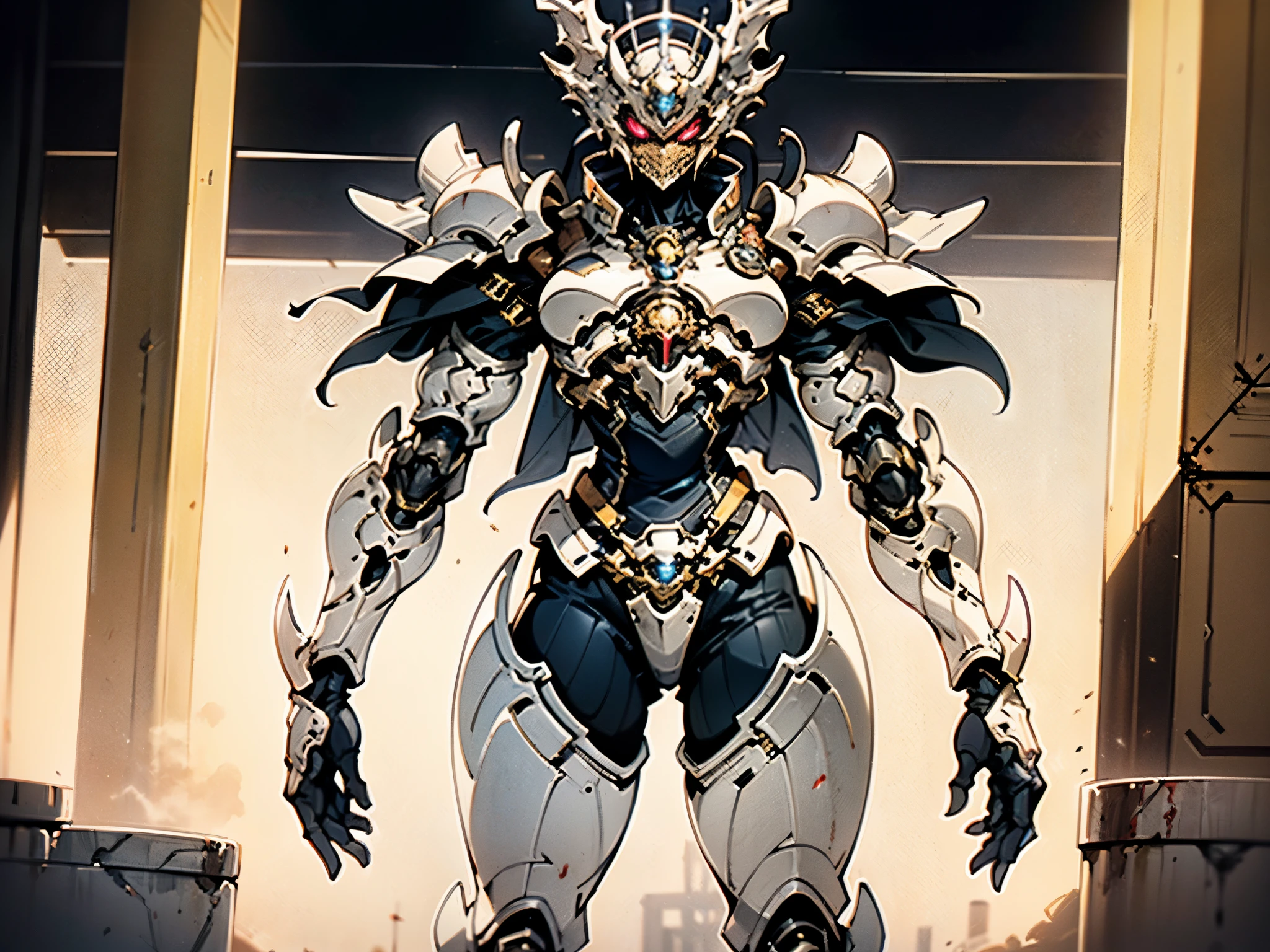 A woman adorned in fantasy-style full-body armor, a crown-concept fully enclosed helmet that unveils only her eyes, a composite layered chest plate, fully encompassing shoulder and hand guards, a lightweight waist armor, form-fitting shin guards, the overall design is heavy-duty yet flexible, ((the armor gleams with a golden glow, complemented by red and blue accents)), exhibiting a noble aura, she floats above a fantasy-surreal high-tech city, this character embodies a finely crafted fantasy-surreal style armored hero in anime style, exquisite and mature manga art style, (Queen bee mixed with Spider concept Armor, plasma, blood), ((Element, energy, elegant, goddess, femminine:1.5)), metallic, high definition, best quality, highres, ultra-detailed, ultra-fine painting, extremely delicate, professional, anatomically correct, symmetrical face, extremely detailed eyes and face, high quality eyes, creativity, RAW photo, UHD, 32k, Natural light, cinematic lighting, masterpiece-anatomy-perfect, masterpiece:1.5