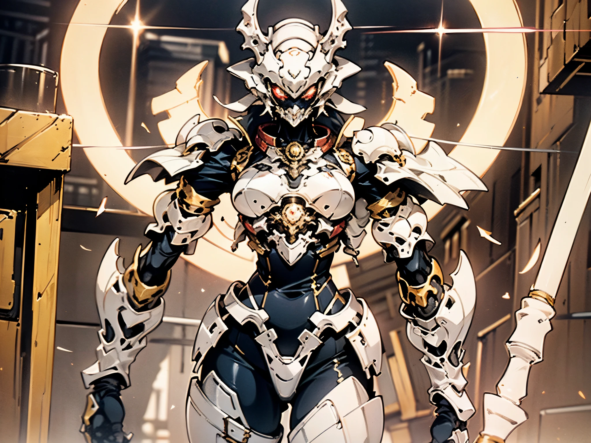 A woman adorned in fantasy-style full-body armor, a crown-concept fully enclosed helmet that unveils only her eyes, a composite layered chest plate, fully encompassing shoulder and hand guards, a lightweight waist armor, form-fitting shin guards, the overall design is heavy-duty yet flexible, ((the armor gleams with a golden glow, complemented by red and blue accents)), exhibiting a noble aura, she floats above a fantasy-surreal high-tech city, this character embodies a finely crafted fantasy-surreal style armored hero in anime style, exquisite and mature manga art style, (Queen bee mixed with Spider concept Armor, plasma, blood), ((Element, energy, elegant, goddess, femminine:1.5)), metallic, high definition, best quality, highres, ultra-detailed, ultra-fine painting, extremely delicate, professional, anatomically correct, symmetrical face, extremely detailed eyes and face, high quality eyes, creativity, RAW photo, UHD, 32k, Natural light, cinematic lighting, masterpiece-anatomy-perfect, masterpiece:1.5