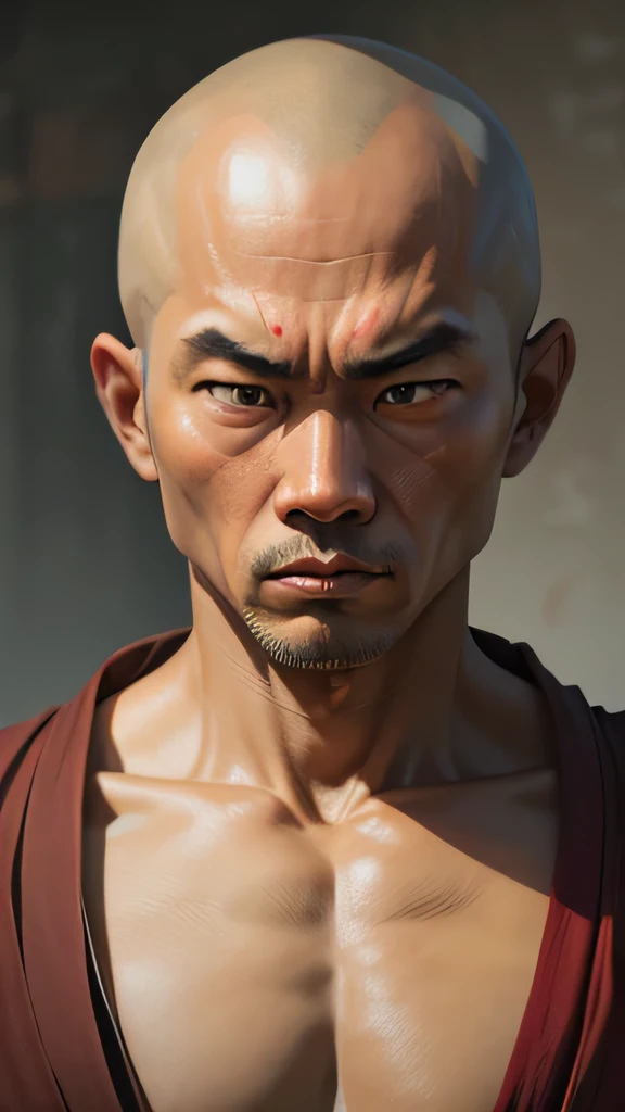 shaolin monk, realistic, powerful, masterpiece, intricate details, taciturn, meditation, zazen, Mysterious, anger, hd, 8, from the front,