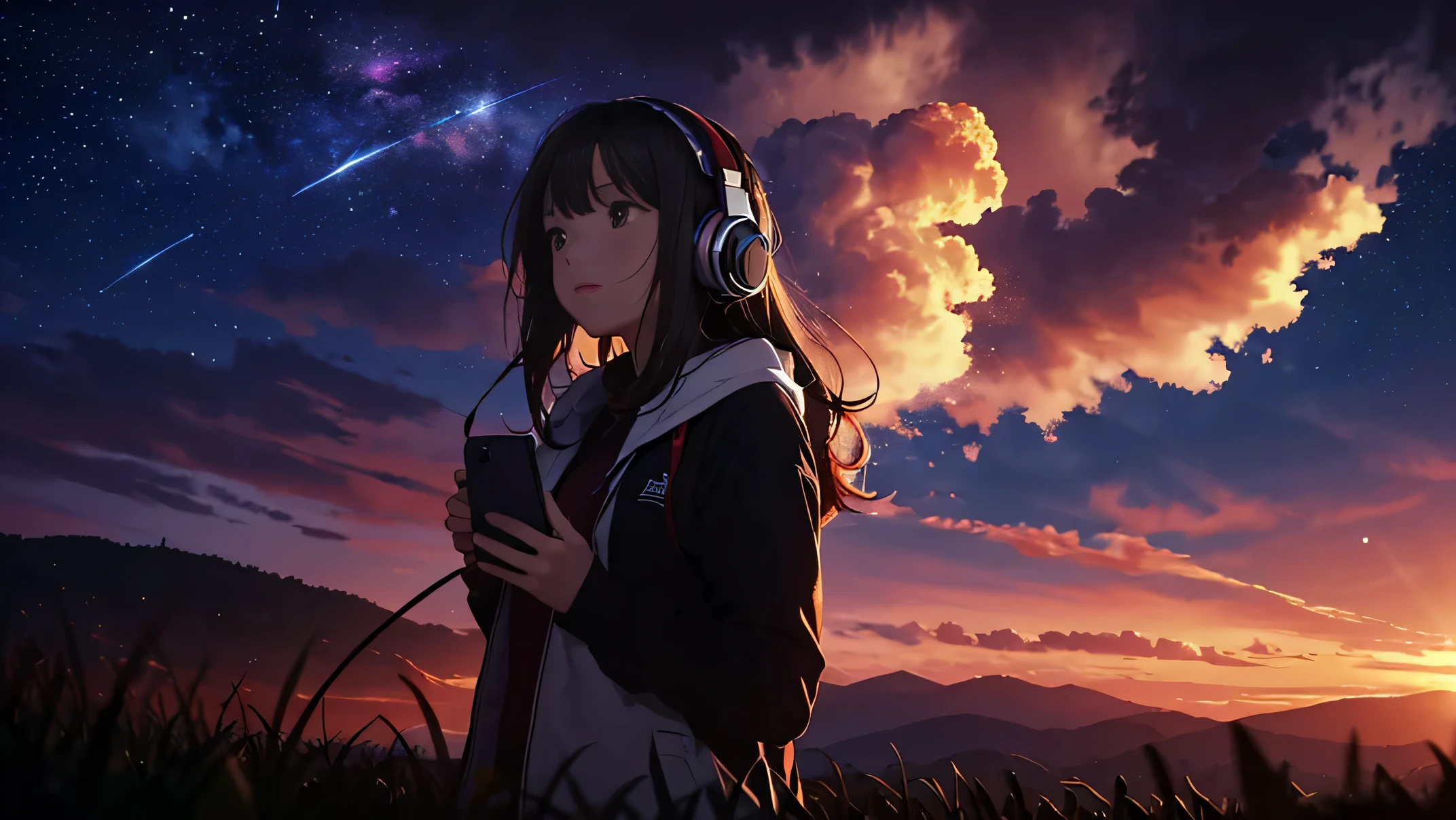 masterpiece, highest quality, sunset, hills, cloud, long hair, woman, ,sitting,Please bring your smartphone,look up at the sky,The wind is blowing,silhouette, firefly.Wide sky,wear headphones,shooting star