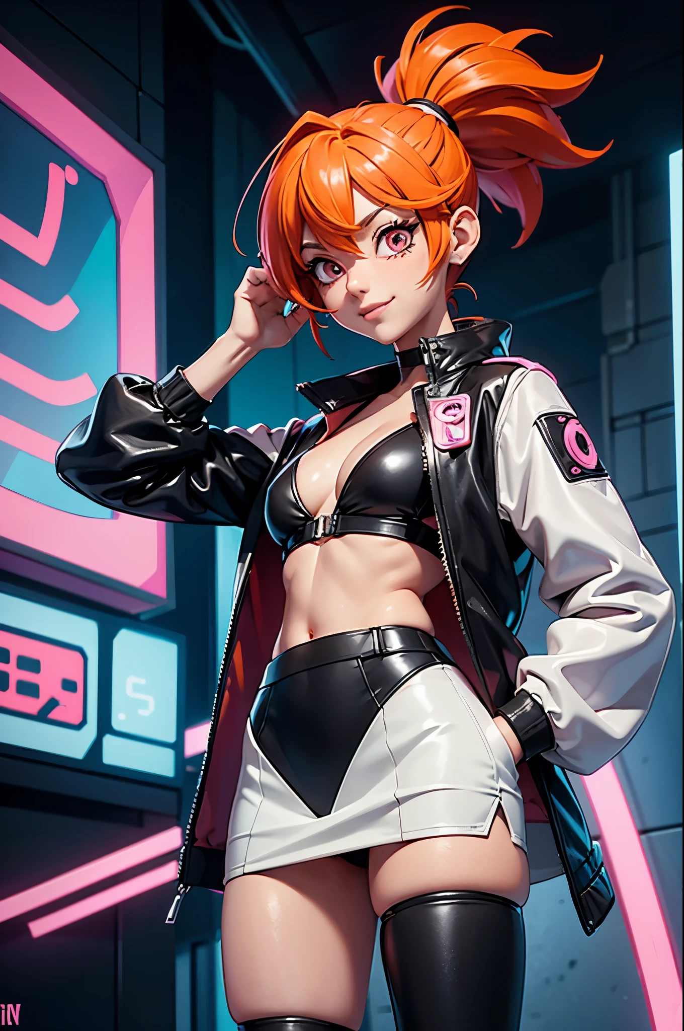 Draw a manga-style character with a physical appearance with this form of the hair Orange with black highlights, tied into glow two ponytails shaped like , Pink color eyes, bright, and expressive and Build Slim and athletic, Attire Upper Body White leather jacket with cyberpunk details, such as integrated LED lights or futuristic lines, Lower Body Sporty bikini in orange, white, and black colors, blending with the cyberpunk style while allowing freedom of movement for physical activities, Personality Creative and curious Always seeking new experiences and forms of expression, Her creative mind drives her to constantly explore new ideas and concepts,glow bikini suggestive, white skin girl,smile coquette, small , ojos color rosa, mini skirt, muslos, senos visibles