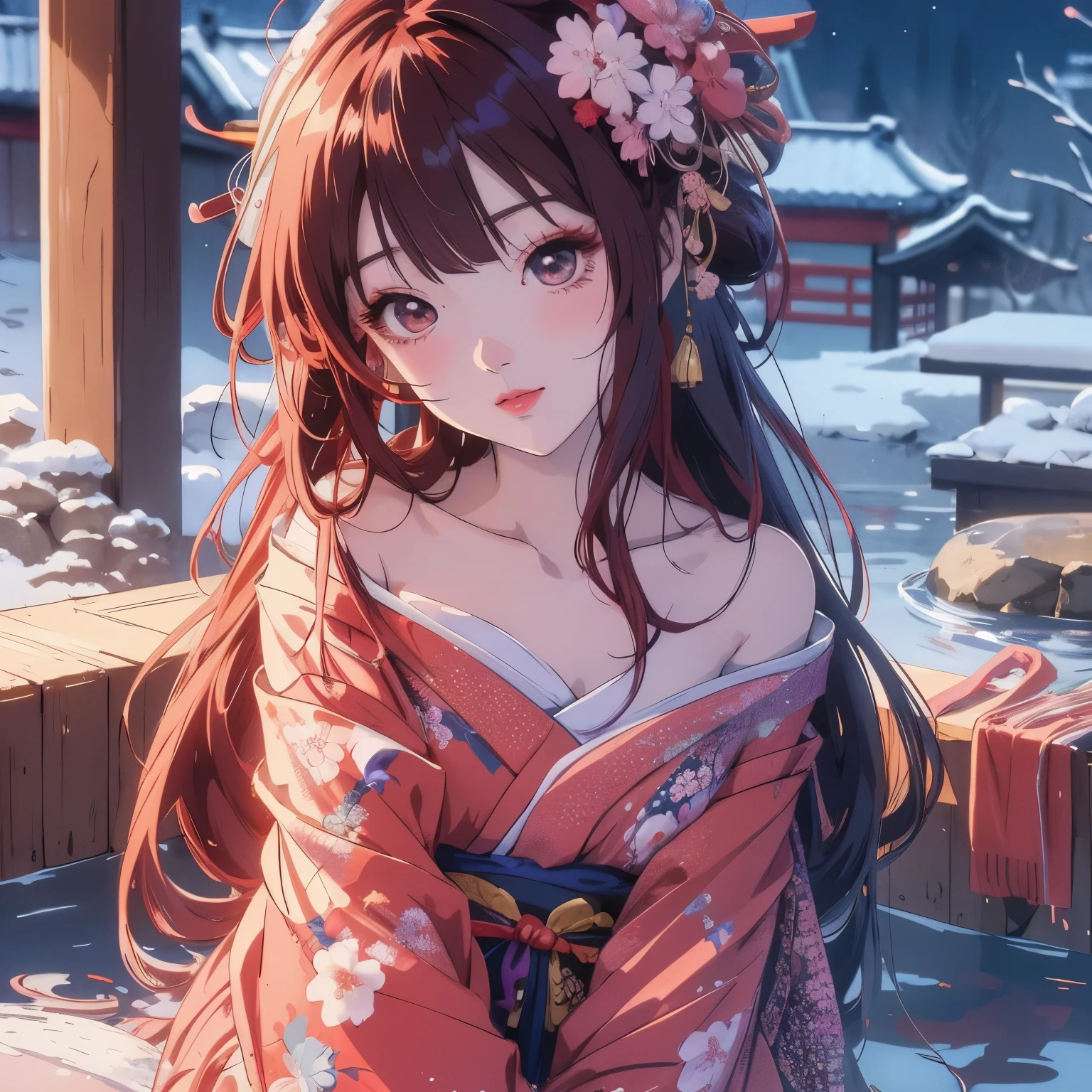 Anime girl wearing kimono sitting in hot tub, anime style 4k, Beautiful anime girl, cute anime girl, Beautiful anime, beautiful anime girl, Beautiful anime woman, 4k anime wallpaper, anime wallpaper 4k, anime wallpaper 4k, seductive anime girl, Beautiful anime portrait, Cute anime waifu wearing beautiful clothes, 4k comic wallpaper