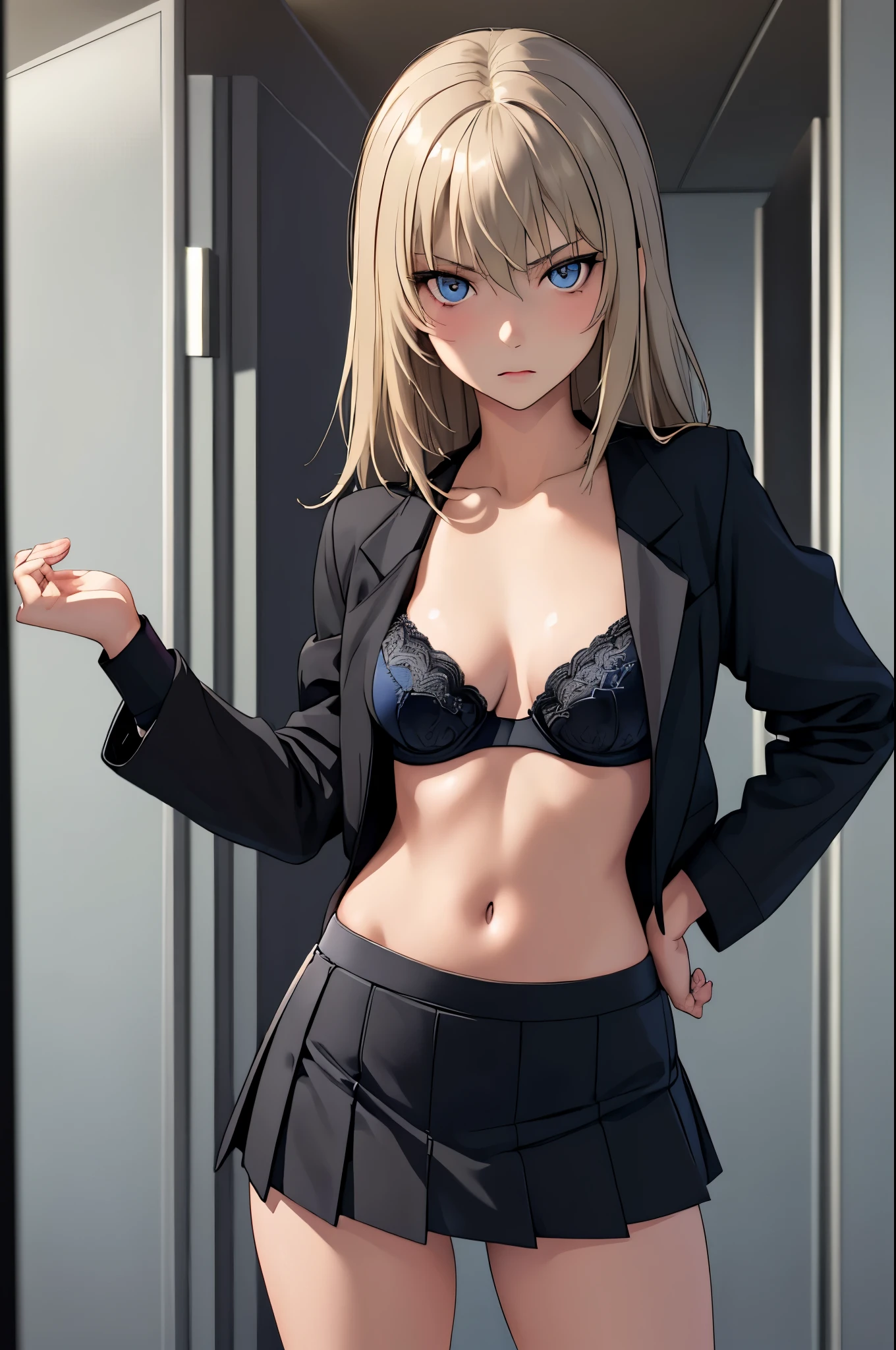 masterpiece, best quality, Itsumi Erika, 1girl, ashen blonde hair, blue eyes, solo, small breasts, black skirt, sexy black underwear, black bra, black jacket, jacket opened, standing frontally to the viewer, casual pose, pov, looking at viewer, expressionless, whole body can be seen, school locker room, detailed hands, five fingers