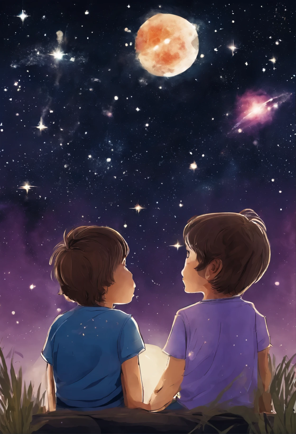 A fun picture of a little boy and girl looking up at the night sky with stars and a shooting star