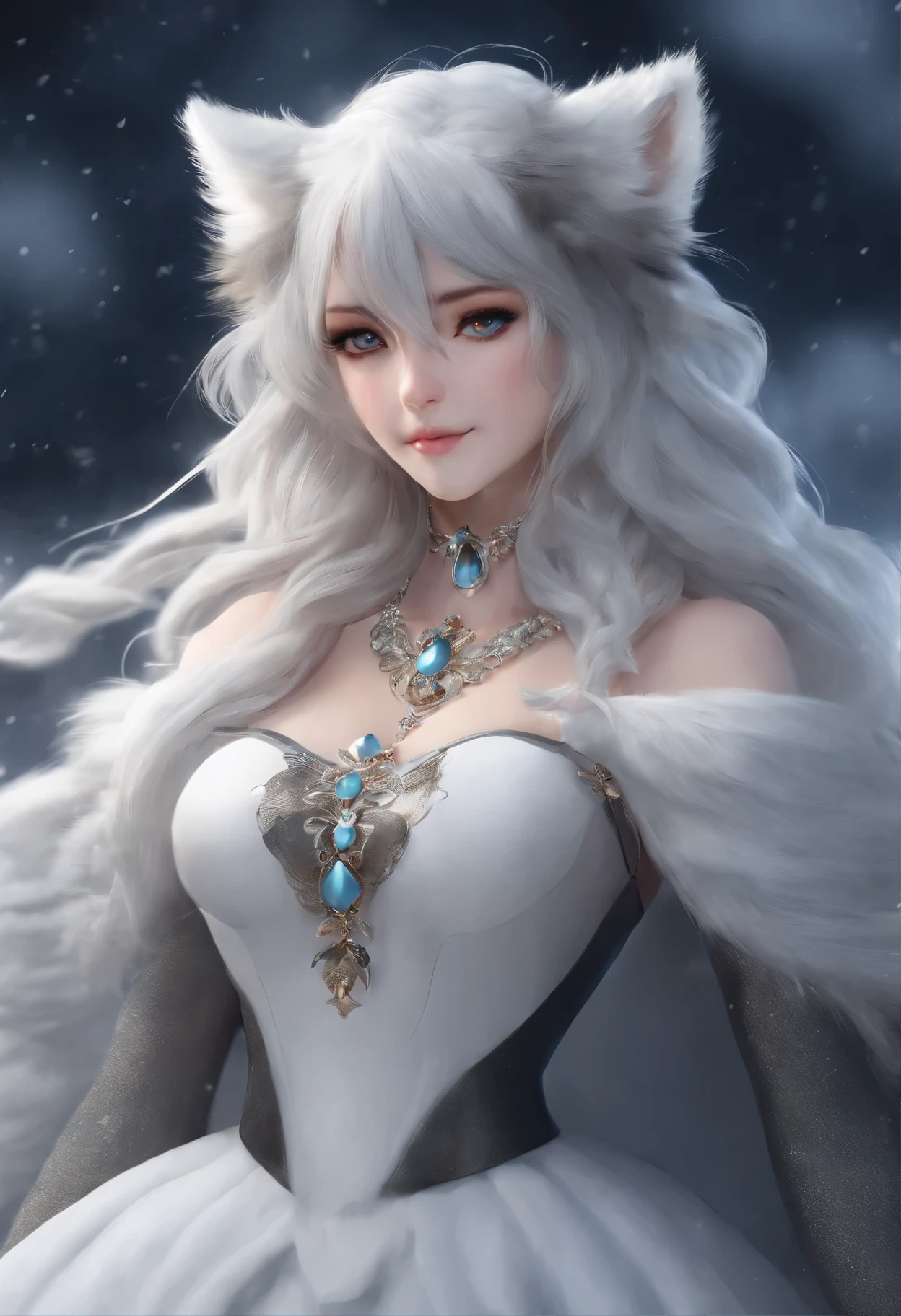 (masterpiece, best quality:1.2),1girl, upper body,tail, large tail, white hair, very long hair, wavy hair, grey eyes, detailed eyes, multicolored hair, circlet, bead necklace, animal ears, leopard ears, black cape, white dress, hip vent, pelvic curtain, grey thighhighs, snowy, snowy mountains, blizzard, volumetric lighting, subsurface scattering, cinematic lighting, chiaroscuro, floating hair, hand on own chest