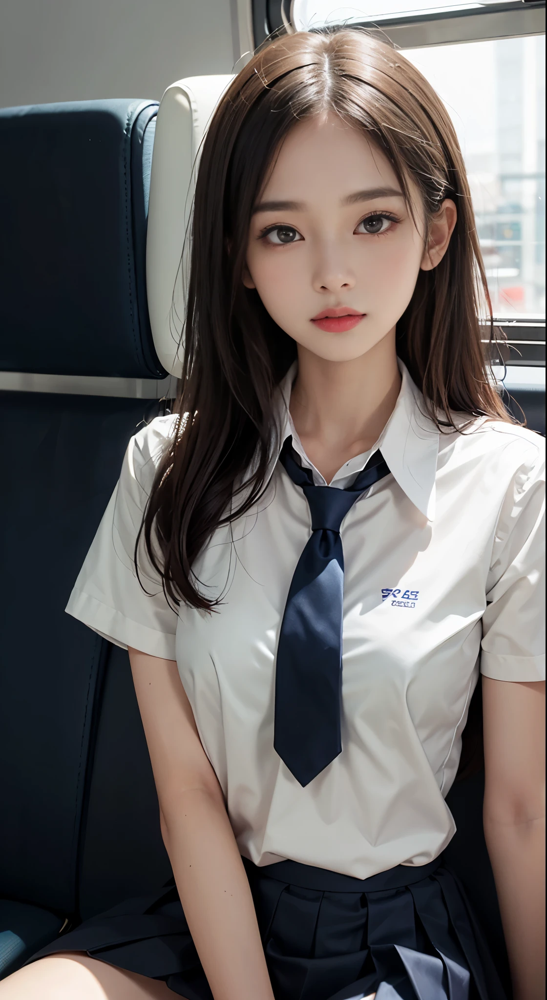 (masterpiece, highest quality:1.2), 8k,  years, 85mm, official art, RAW photo, confused, white dress shirt, cute face, close, Upper body, viola lace, gardenia, beautiful girl, school uniform, (navy pleated skirt:1.1), tighten your waist, thighs, short sleeve, on the train, sit on a bench seat, looking at the viewer, no makeup, (smile:0.4), film grain, chromatic aberration, sharp focus, face light, clear lighting, teen, detailed face, background bokeh, (dark red tie:1.1)