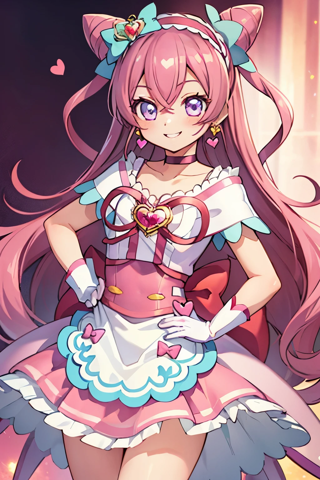 (masterpiece), best quality, high resolution, extremely detailed, detailed background, cinematic lighting, ultra-detail, anime, 1girl in, solo, CurePrecious, long hair, white gloves, pink hair, bow, jewelry, earrings, cone hair bun, hair bow, purple eyes, red bow, shiny hair, hairband, collarbone, magical girl, heart brooch, dress, pink choker, short dress, skirt, white apron, two side up, brooch, miniskirt, happy smile, (glossy fabric), cowboy shot, standing, blush, (beautiful detailed eyes), extra detailed face, perfect lighting, extremely details CG, (perfect hands, perfect anatomy), shiny material, latex shine, dynamic pose.