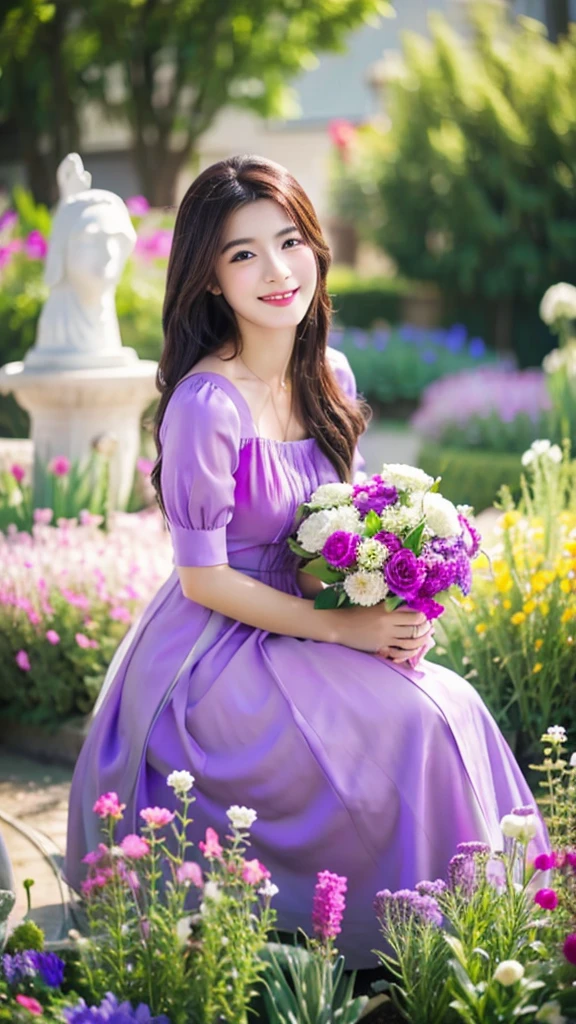 realistic photo art
a beautiful woman with long hair smiling wearing a purple dress is riding a white horse in a beautiful flower garden.
realistic 8k ultra hd details