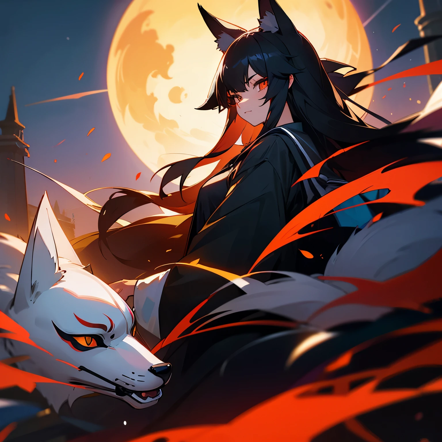 school gate late night A girl wearing a fox mask long hair black hair