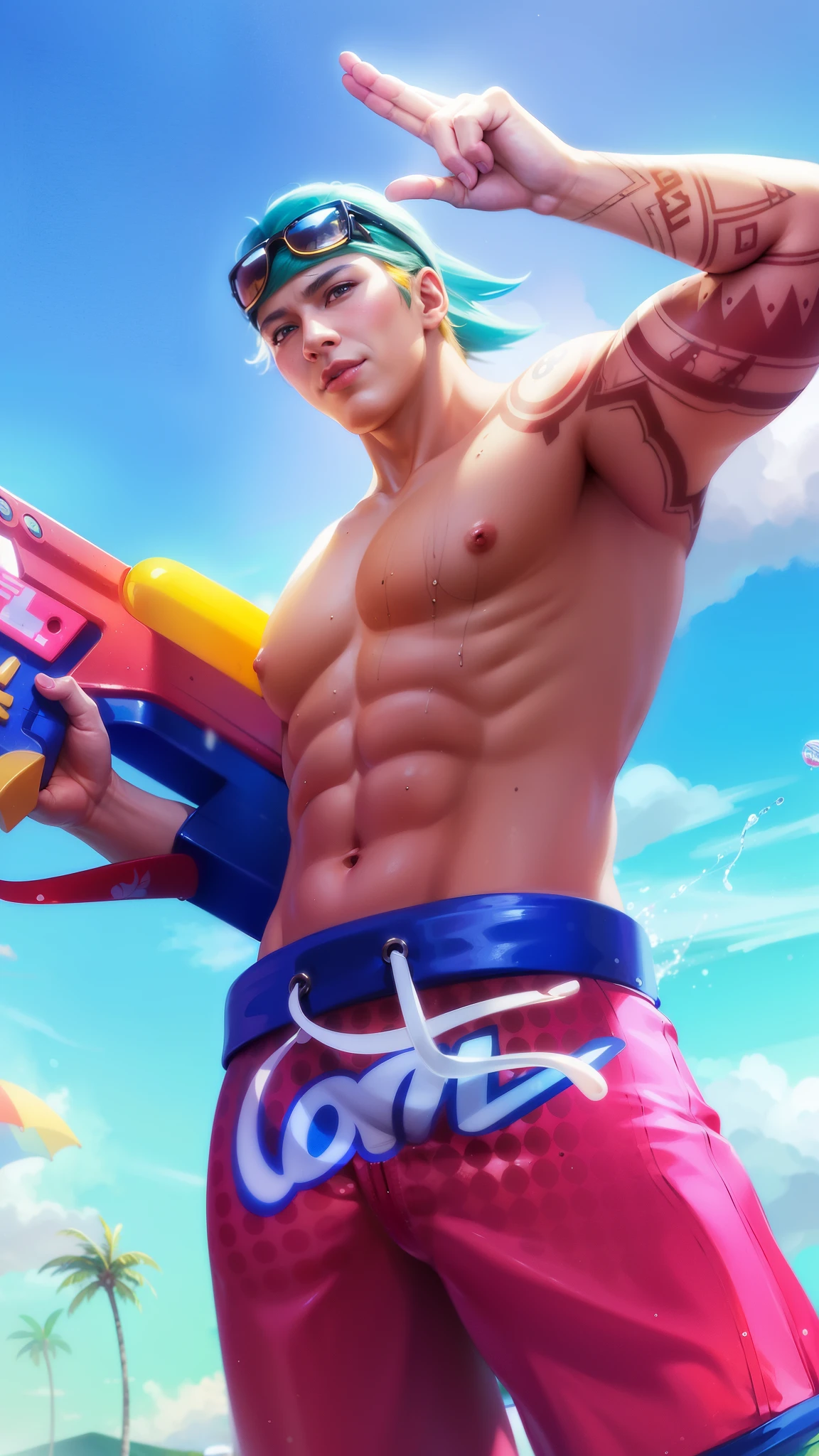 male, masterpiece, ((perfect eyes)) best quality, (semirealism:1.9), beautiful lighting, (extremely detailed CG unity 4k fhd wallpaper), High Detail, Sharp focus, dramatic outdoors, a close up of a person with a surfboard on a beach, rossdraws cartoon vibrant, epic digital art illustration, shirtless :: high detail, deviantart artstation cgscosiety, splashcreen character art, ross tran 8 k, ross tran style, background artwork, extremely detailed artgerm, rossdraws digital painting, rossdraws 1. 0, smile.