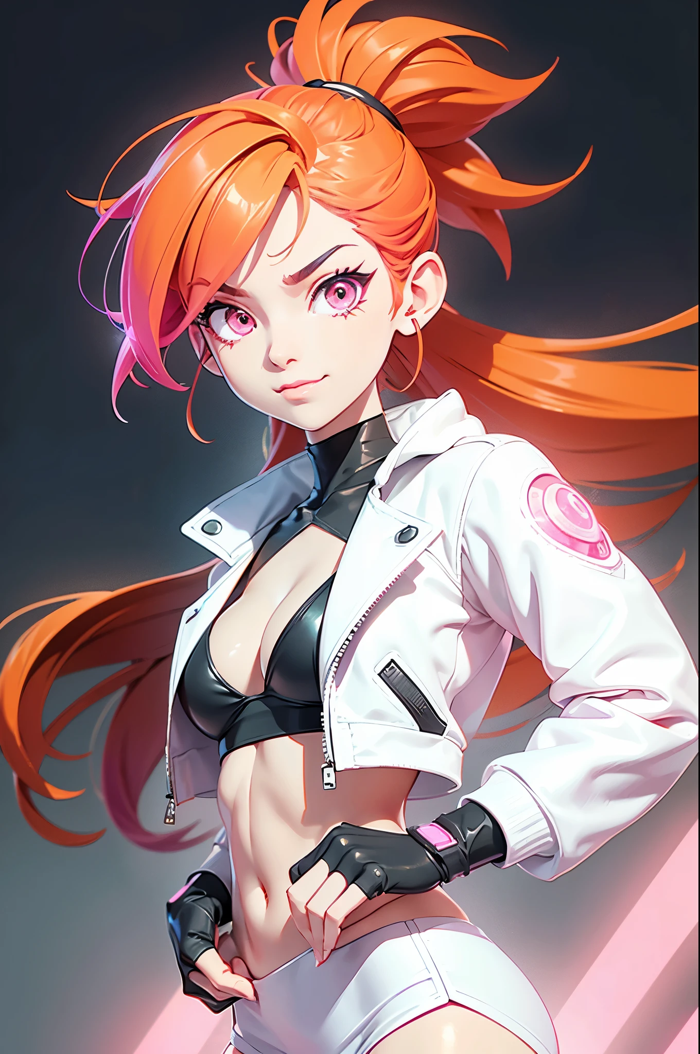 Draw a manga-style character with a physical appearance with this form of the hair Orange with black highlights, tied into glow two ponytails shaped like , Pink color eyes, bright, and expressive and Build Slim and athletic, Attire Upper Body White leather jacket with cyberpunk details, such as integrated LED lights or futuristic lines, Lower Body Sporty bikini in orange, white, and black colors, blending with the cyberpunk style while allowing freedom of movement for physical activities, Personality Creative and curious Always seeking new experiences and forms of expression, Her creative mind drives her to constantly explore new ideas and concepts,glow bikini suggestive, white skin girl,smile coquette, small , ojos color rosa, mini skirt, muslos, senos visibles, side
