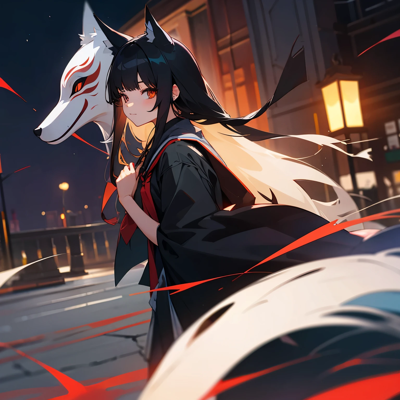 school gate　late night　A girl wearing a fox mask　long hair　black hair