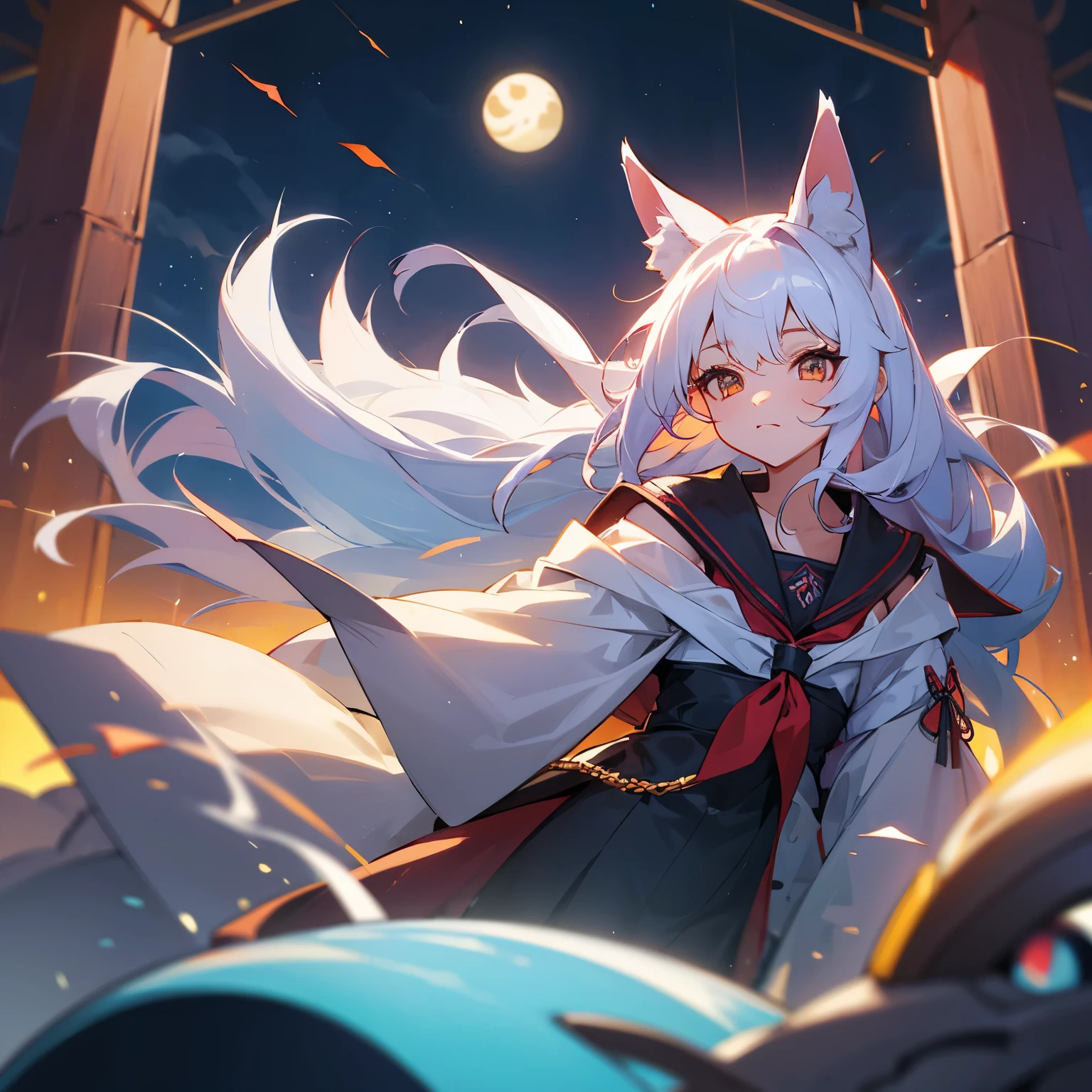 school gate late night girl long hair fox mask